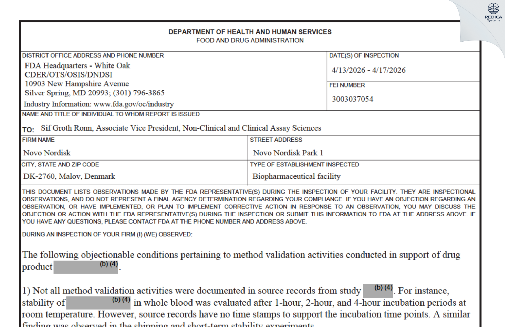 FDA 483 - Novo Nordisk A/S - G8, X9 M.Fl. [Måløv / Denmark] - Download PDF - Redica Systems