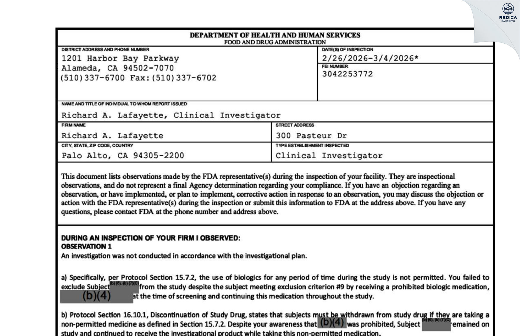 FDA 483 - Richard A. Lafayette, M.D. [Palo Alto / United States of America] - Download PDF - Redica Systems
