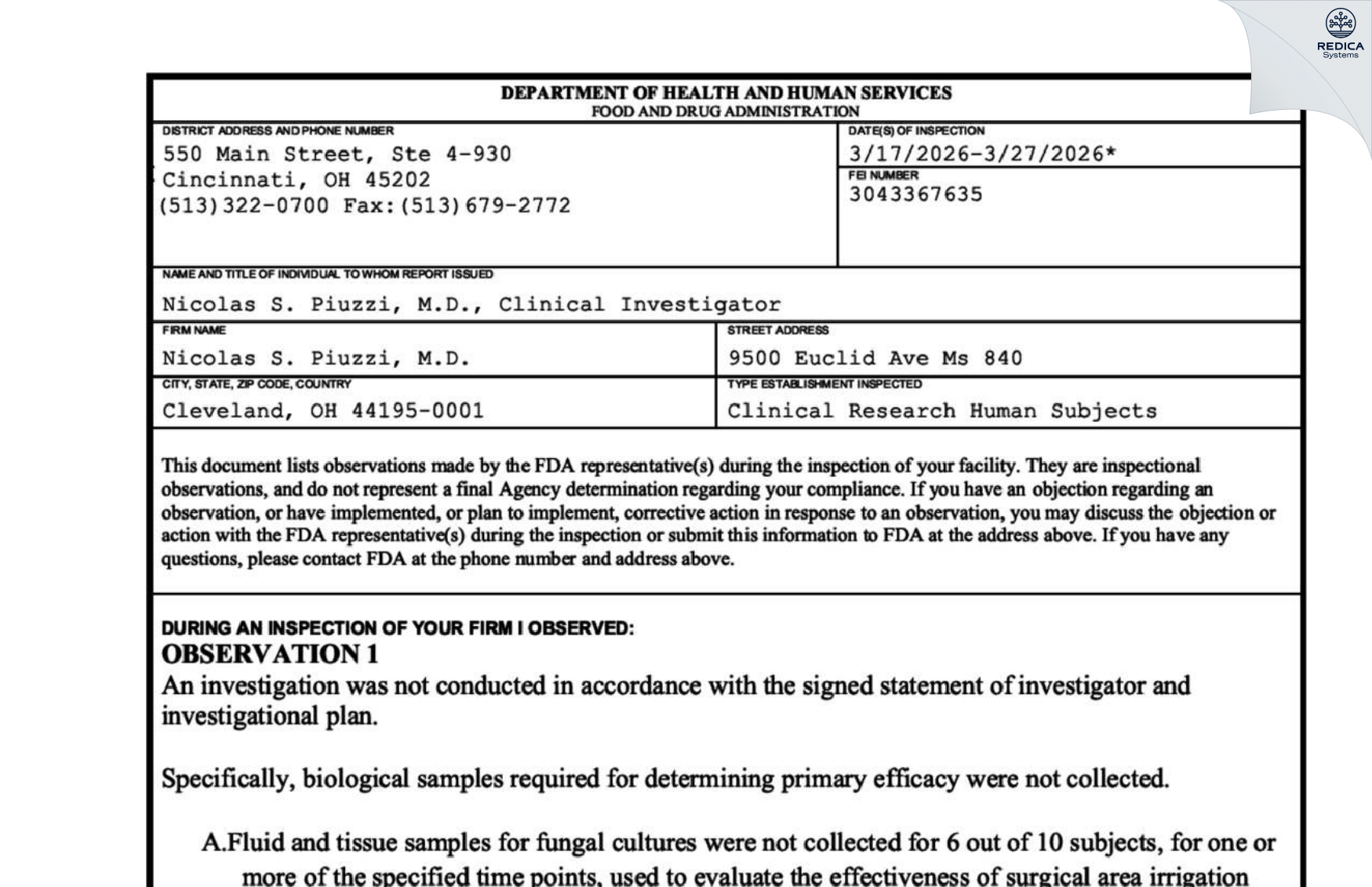 FDA 483 - Nicolas S. Piuzzi, M.D. [Cleveland / United States of America] - Download PDF - Redica Systems