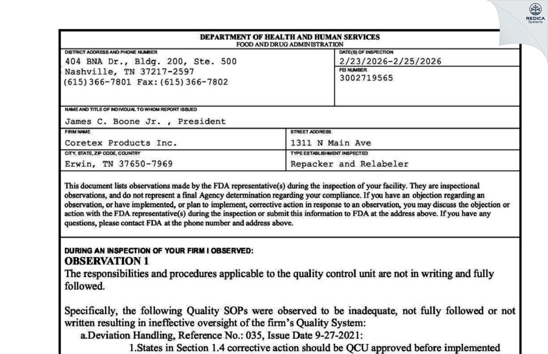FDA 483 - CoreTex Products Inc [Erwin / United States of America] - Download PDF - Redica Systems