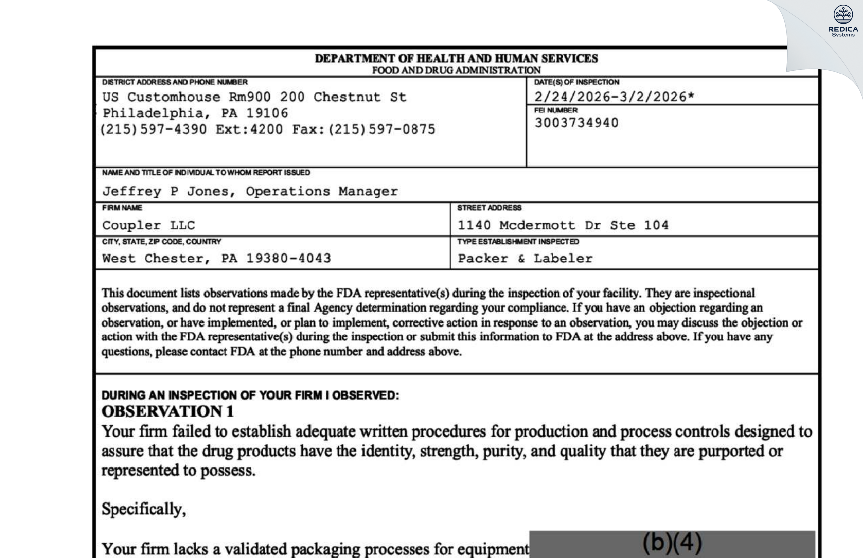 FDA 483 - Coupler LLC [West Chester / United States of America] - Download PDF - Redica Systems