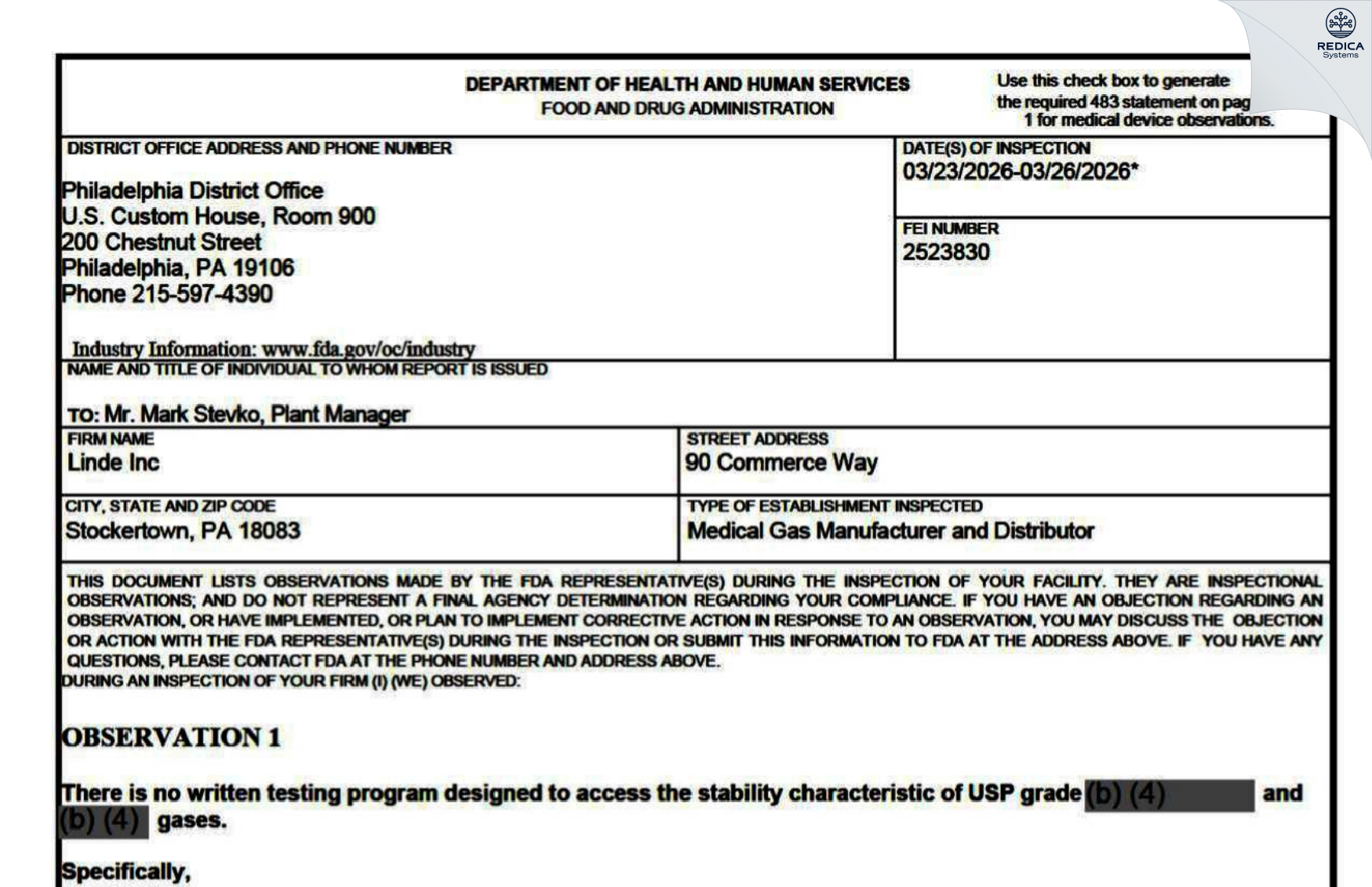 FDA 483 - Linde Inc. [Stockertown / United States of America] - Download PDF - Redica Systems