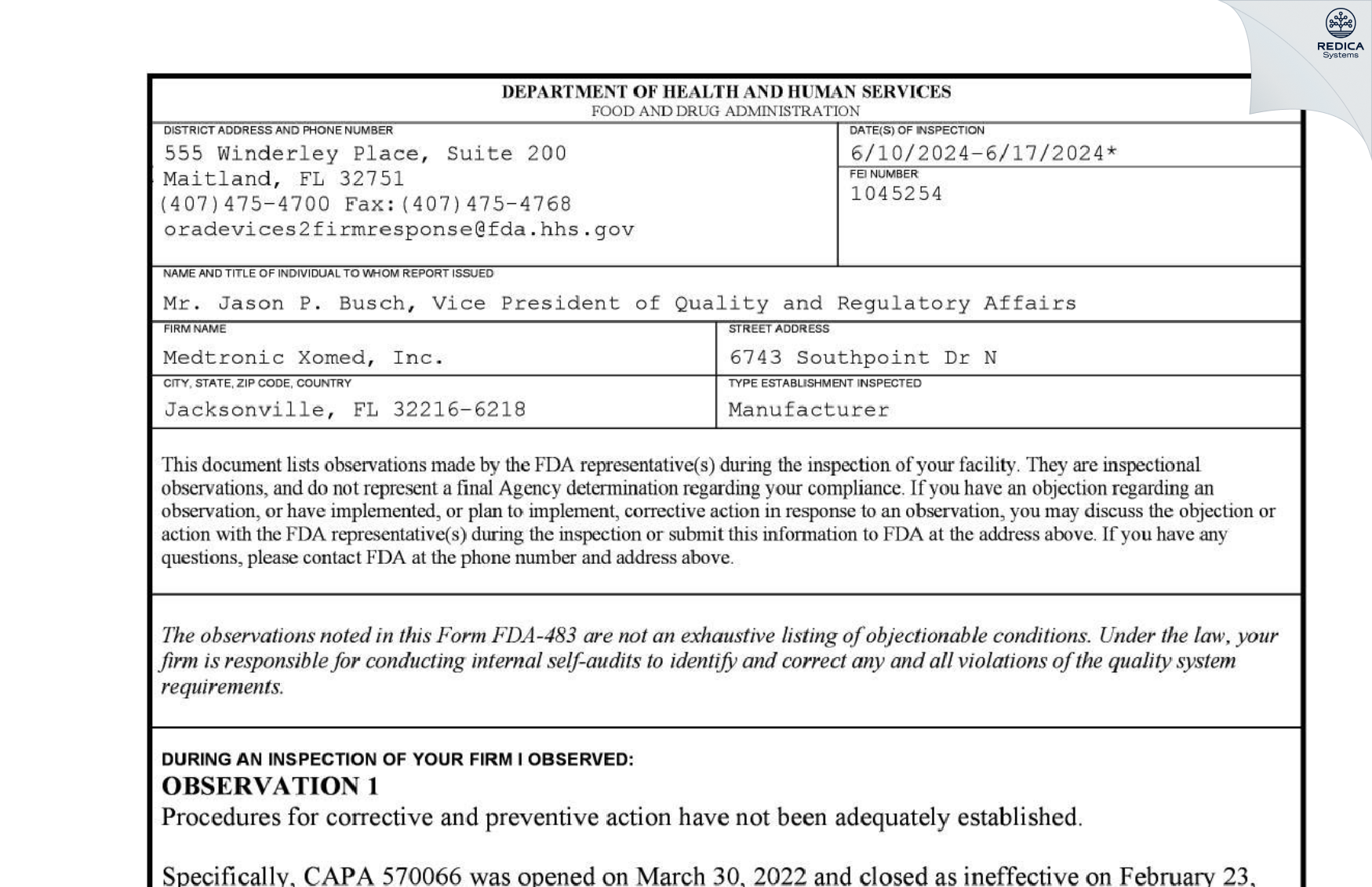 FDA 483 - Medtronic Xomed, Inc. [Jacksonville / United States of America] - Download PDF - Redica Systems