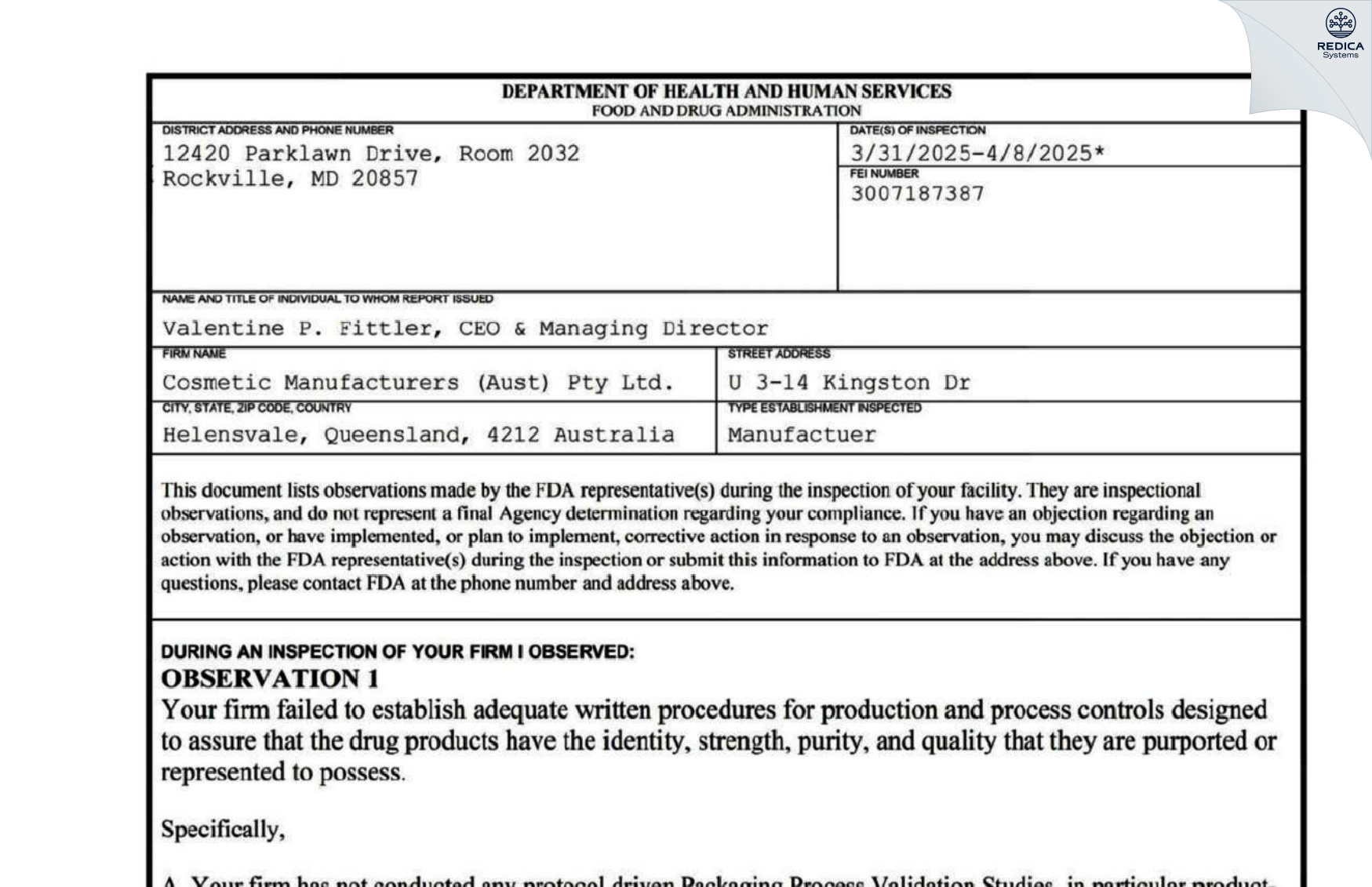 FDA 483 - COSMETIC MANUFACTURERS (AUST) PTY. LTD. [Gold Coast / Australia] - Download PDF - Redica Systems