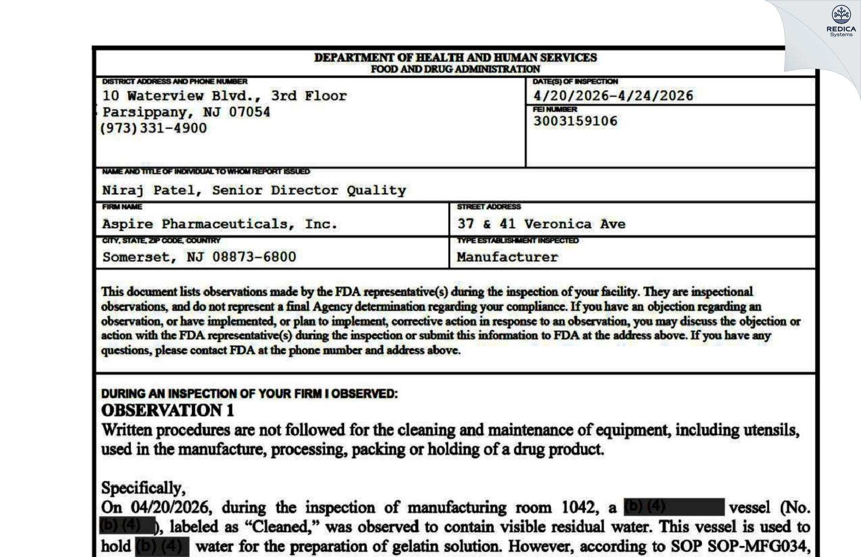 FDA 483 - Aspire Pharmaceuticals Inc. [Somerset / United States of America] - Download PDF - Redica Systems