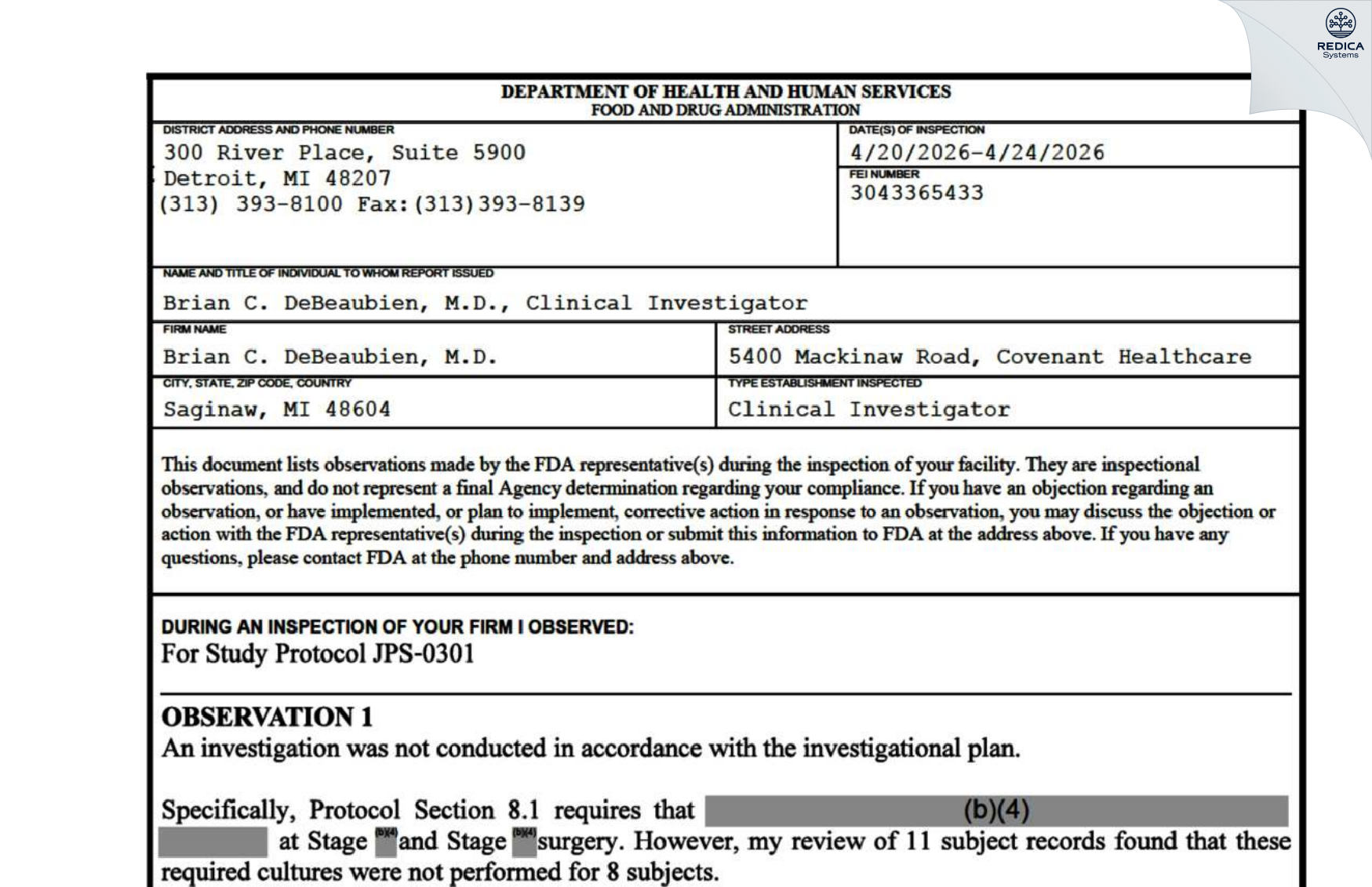 FDA 483 - Brian C. DeBeaubien, M.D. [Saginaw / United States of America] - Download PDF - Redica Systems