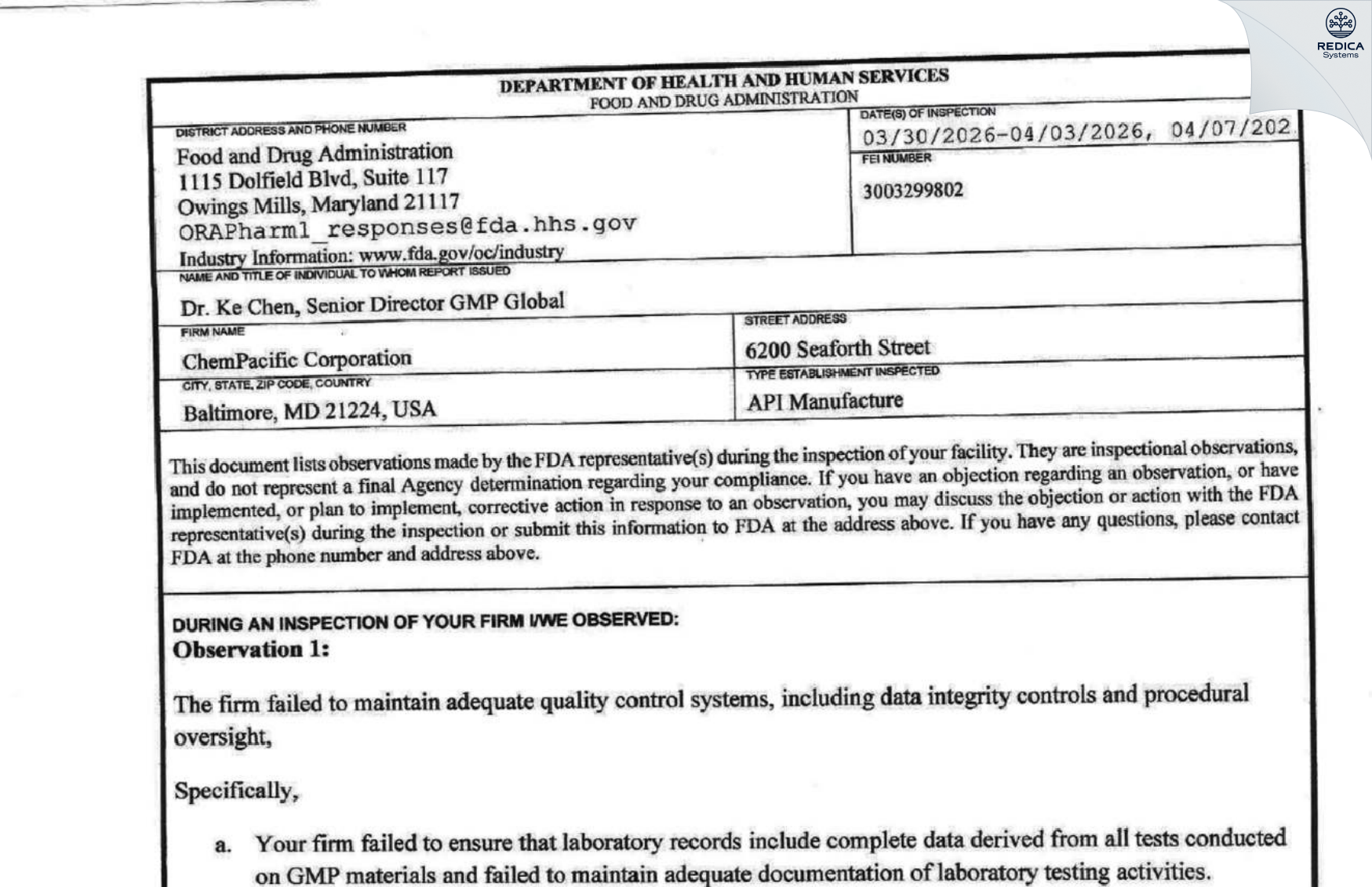 FDA 483 - Chempacific Corporation [Baltimore / United States of America] - Download PDF - Redica Systems