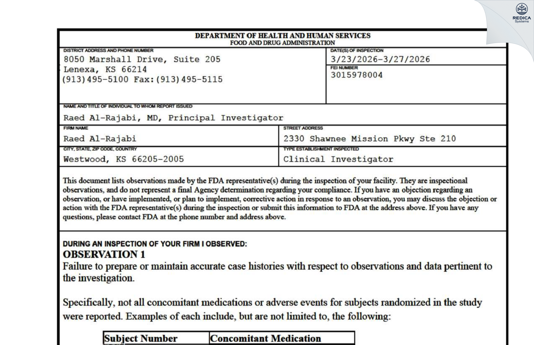 FDA 483 - Raed Al-Rajabi [Westwood / United States of America] - Download PDF - Redica Systems