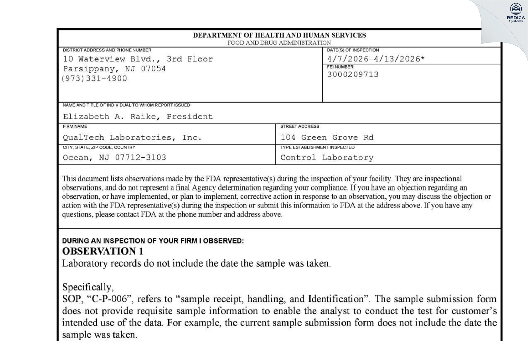 FDA 483 - Qualtech Laboratories, Inc. [Ocean / United States of America] - Download PDF - Redica Systems