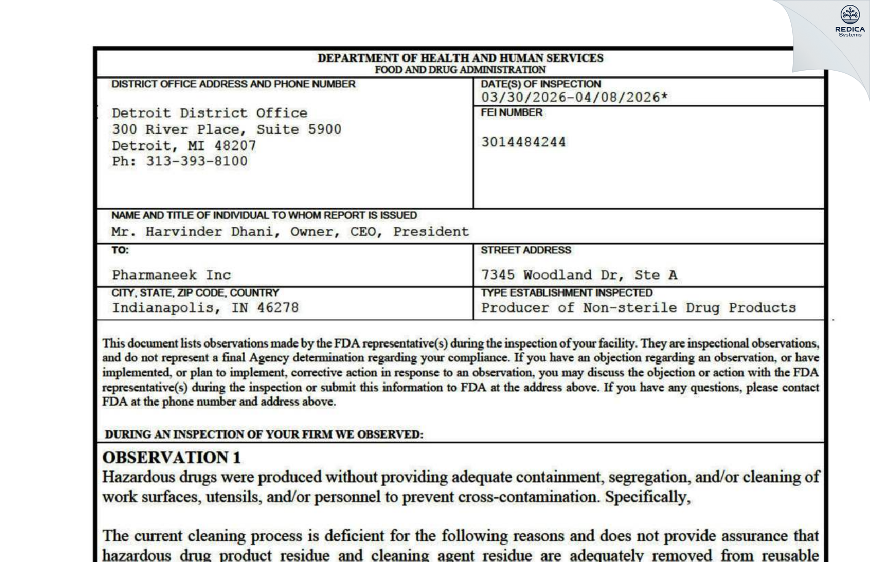 FDA 483 - Pharmaneek Inc [Indianapolis / United States of America] - Download PDF - Redica Systems