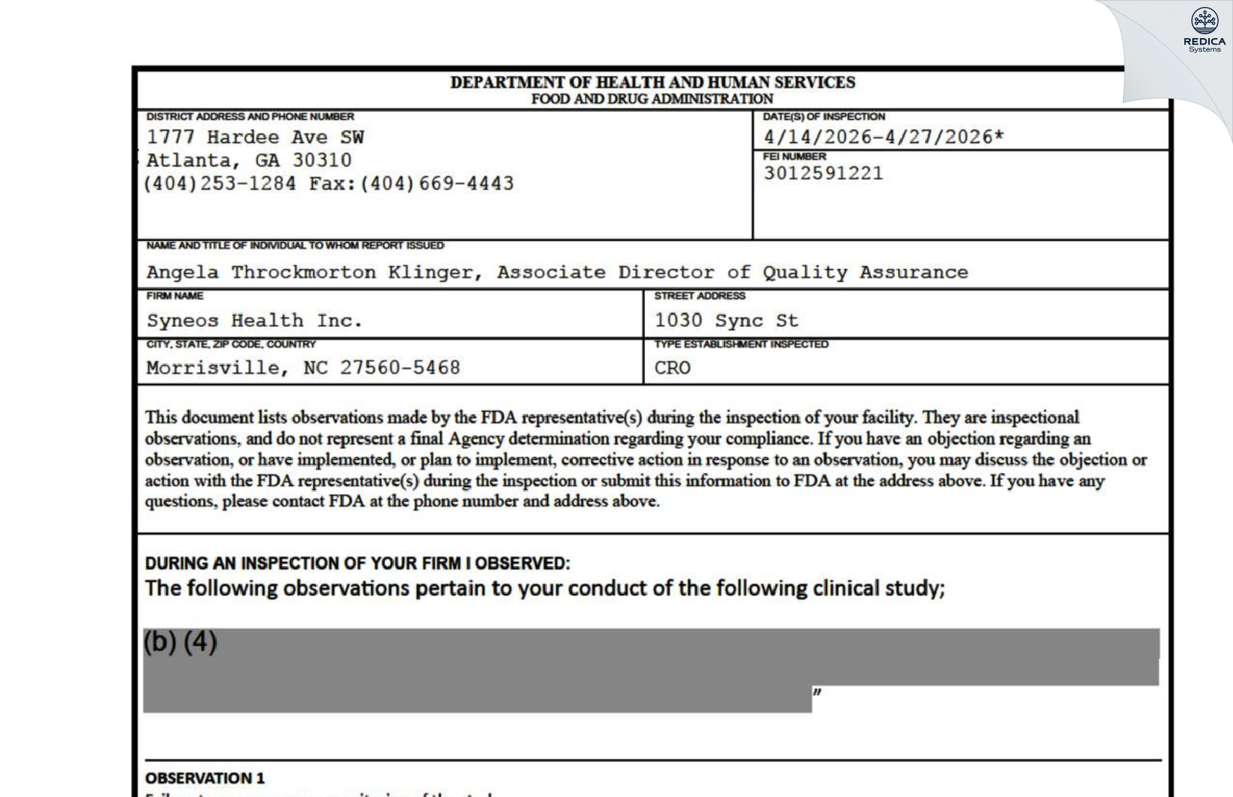 FDA 483 - Syneos Health [Morrisville / United States of America] - Download PDF - Redica Systems