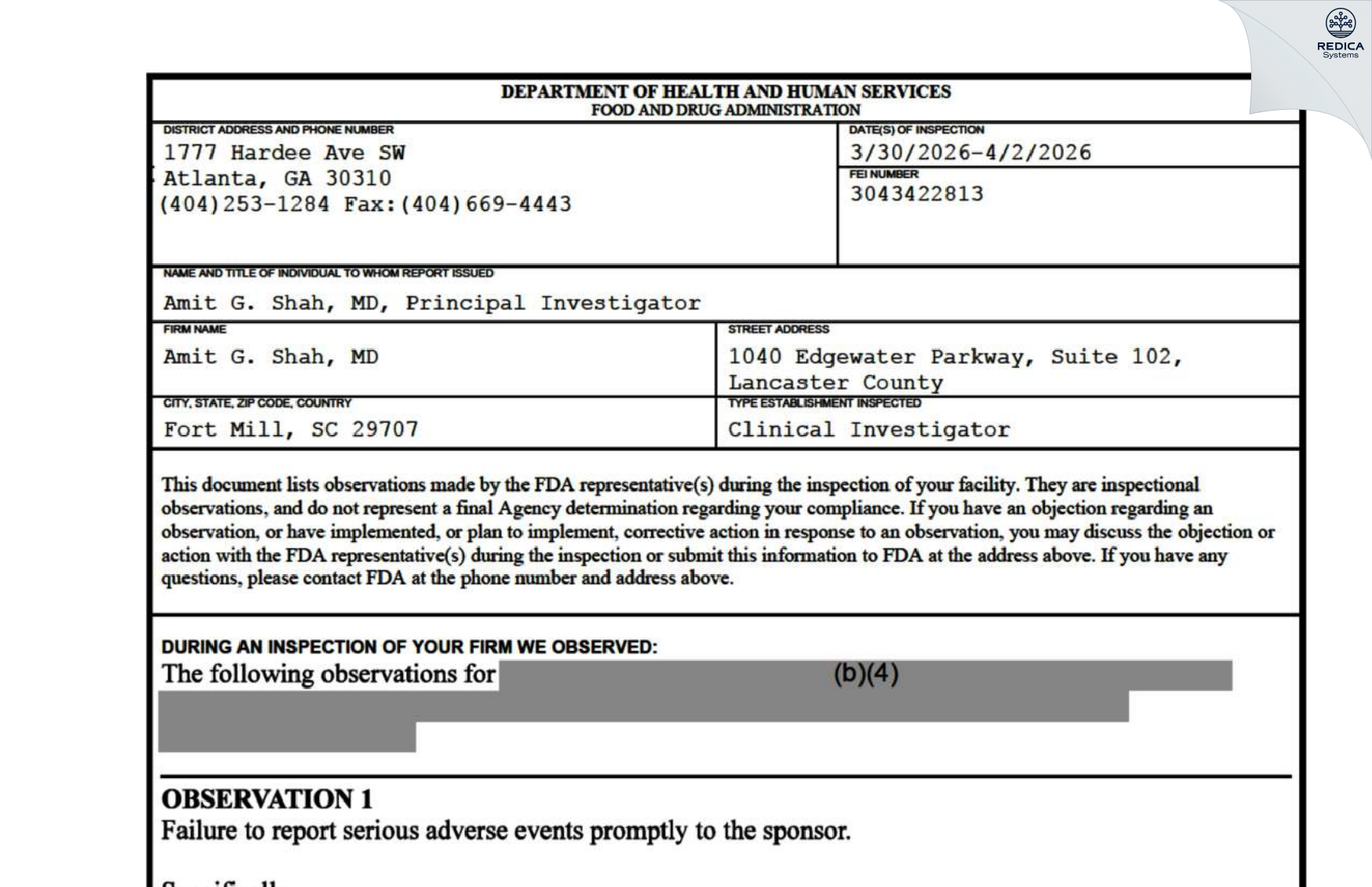 FDA 483 - Amit G. Shah, MD [Fort Mill / United States of America] - Download PDF - Redica Systems