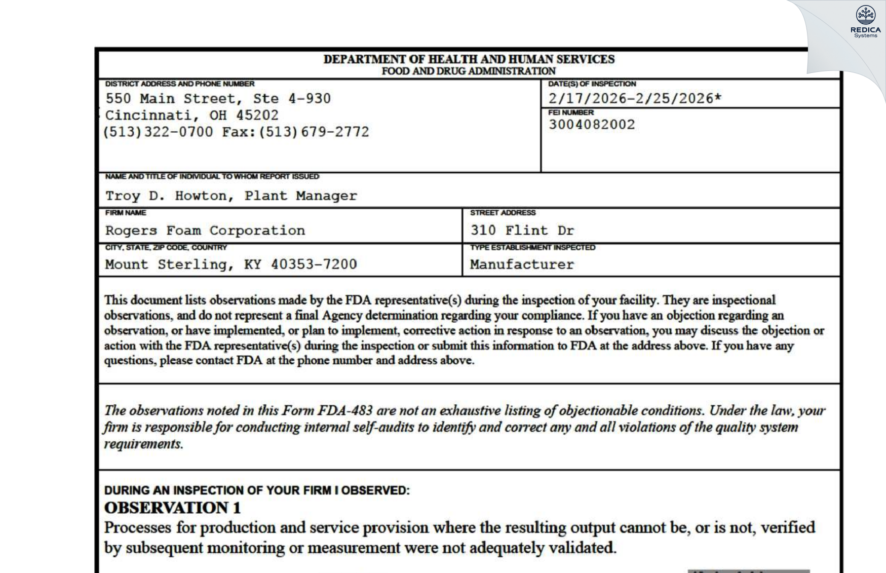 FDA 483 - ROGERS FOAM CORPORATION [Mount Sterling / United States of America] - Download PDF - Redica Systems