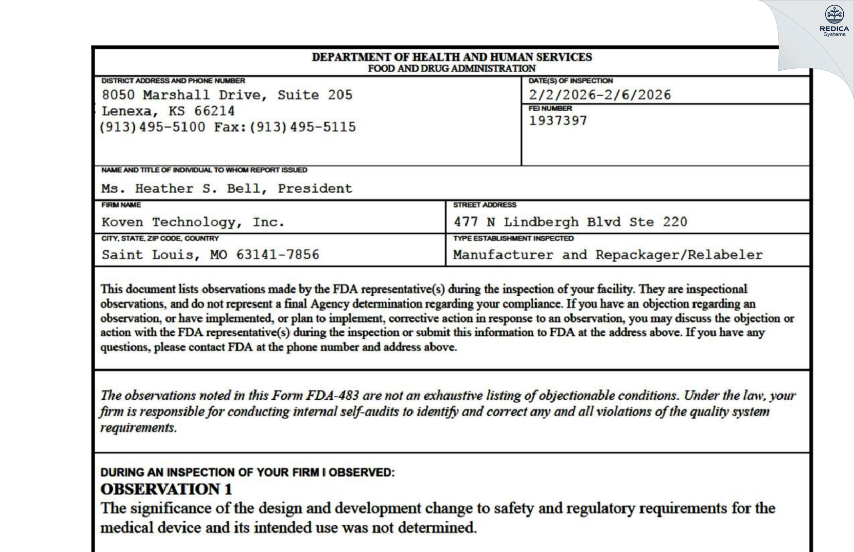 FDA 483 - Koven Technology, Inc. [Saint Louis / United States of America] - Download PDF - Redica Systems