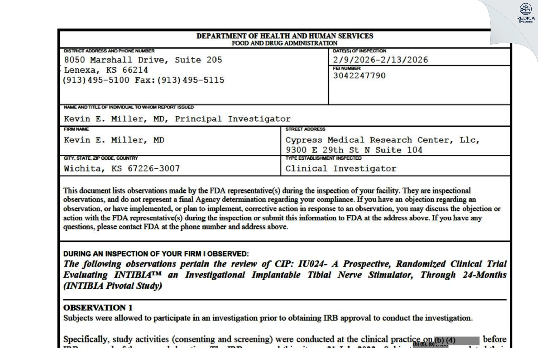 FDA 483 - Kevin E. Miller, MD [Wichita / United States of America] - Download PDF - Redica Systems
