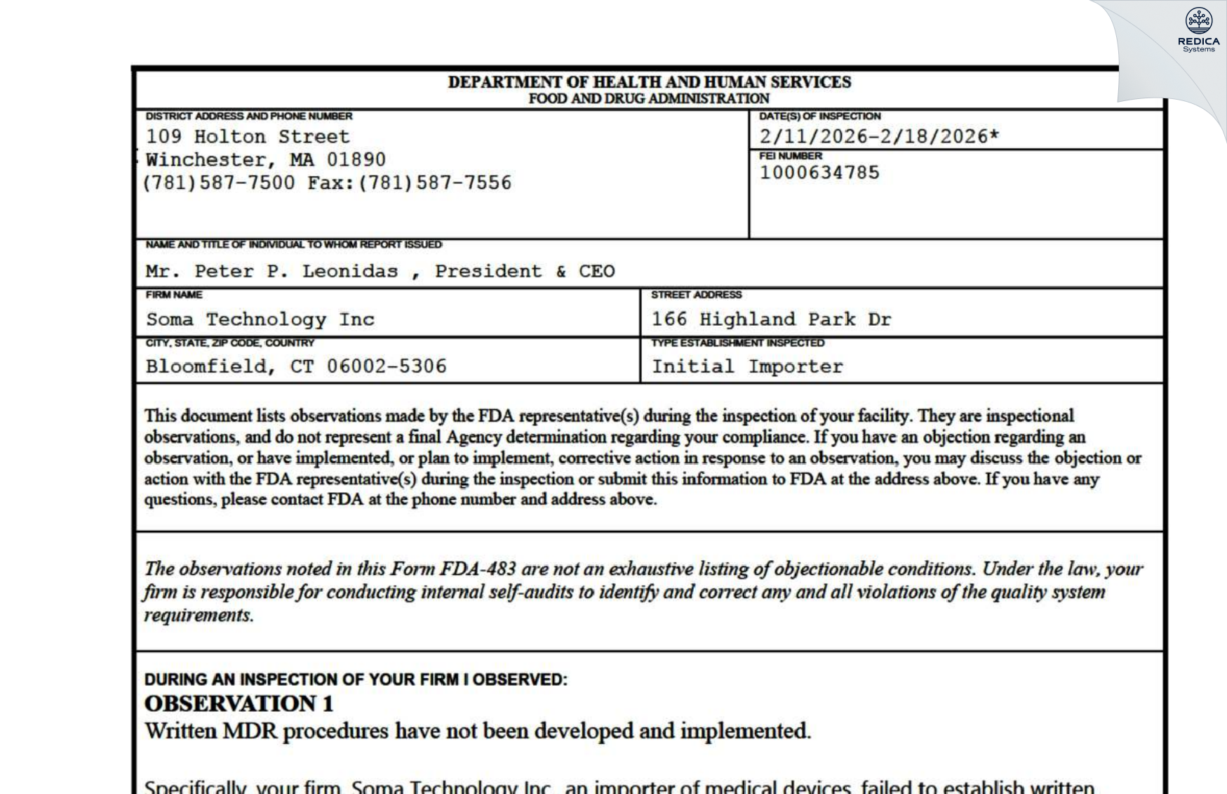 FDA 483 - Soma Tech Int'l [Bloomfield / United States of America] - Download PDF - Redica Systems