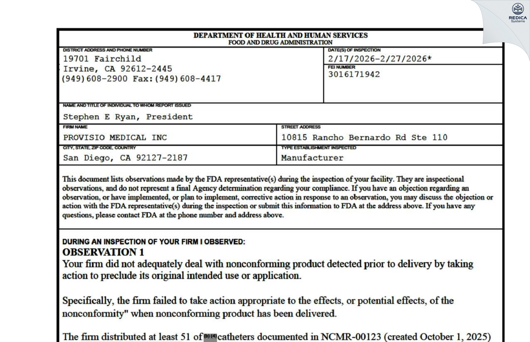 FDA 483 - PROVISIO MEDICAL INC. [San Diego / United States of America] - Download PDF - Redica Systems
