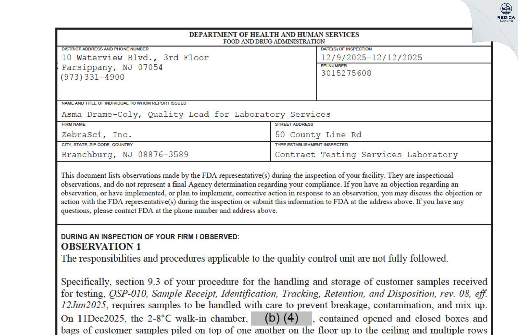 FDA 483 - ZebraSci, Inc. [Branchburg / United States of America] - Download PDF - Redica Systems