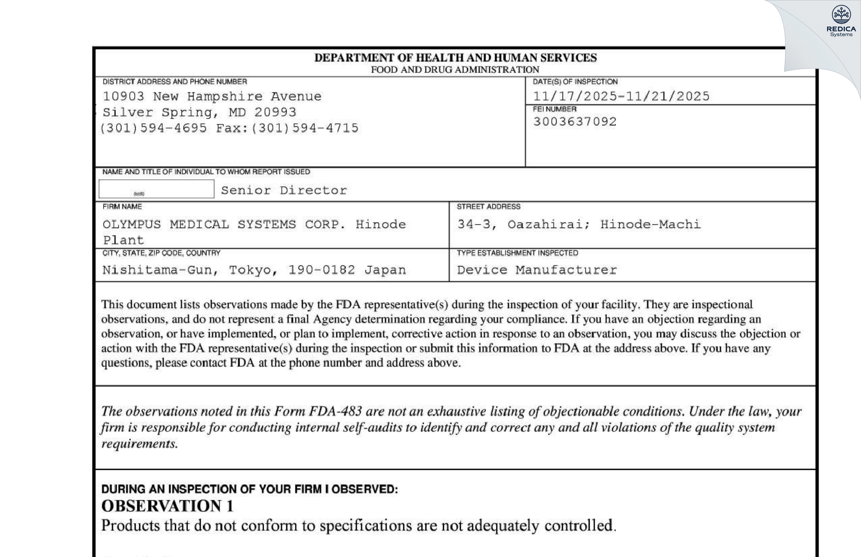 FDA 483 - Olympus Medical Systems Corp. [Nishitama-Gun / Japan] - Download PDF - Redica Systems