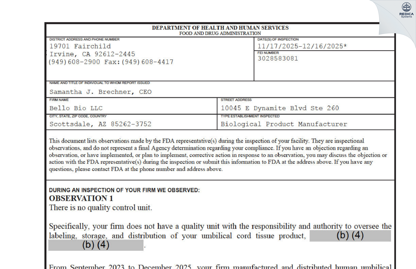 FDA 483 - Bello Bio LLC
 [Scottsdale / United States of America] - Download PDF - Redica Systems