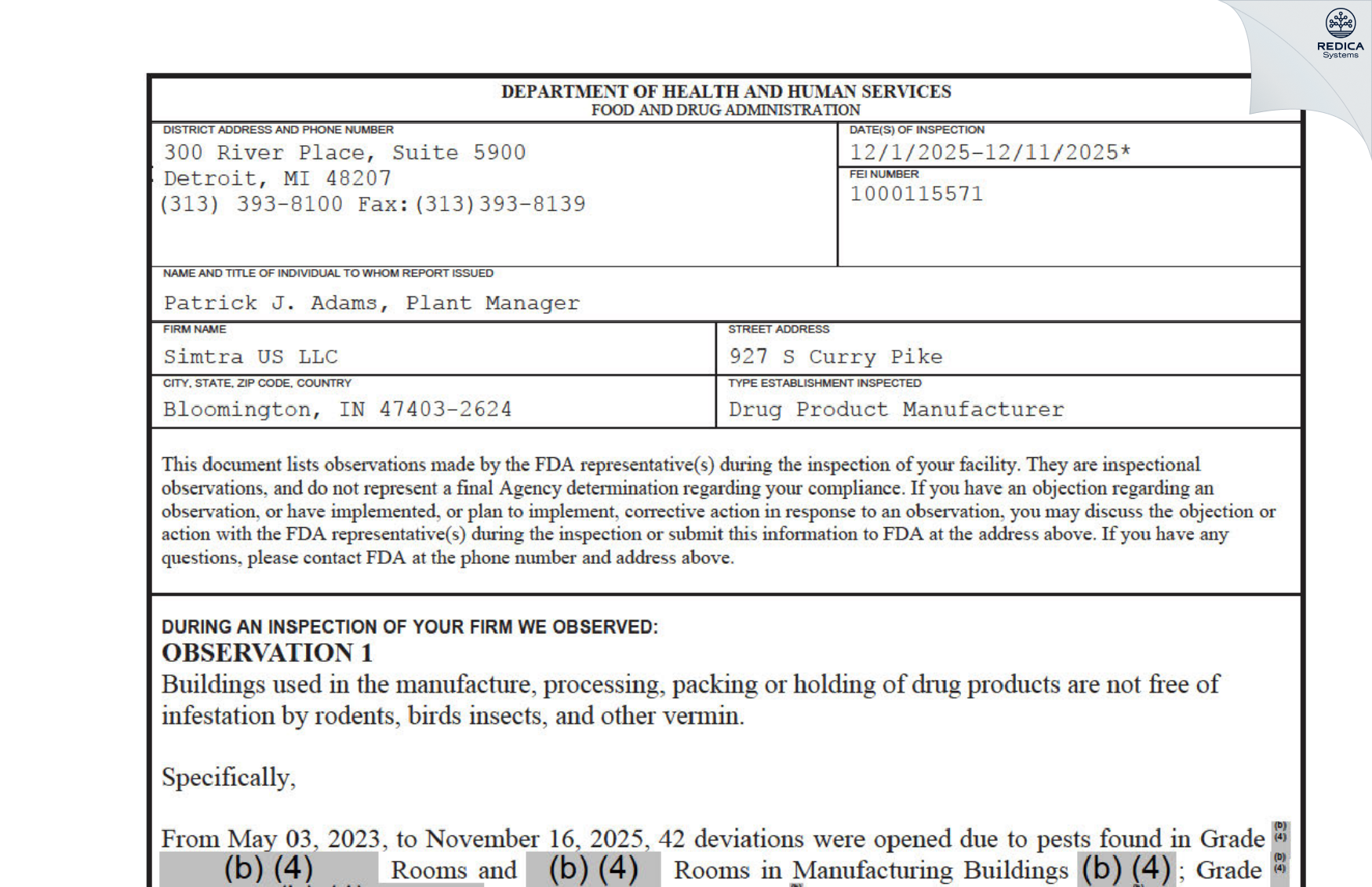 FDA 483 - Baxter Pharmaceutical Solutions LLC [Bloomington / United States of America] - Download PDF - Redica Systems