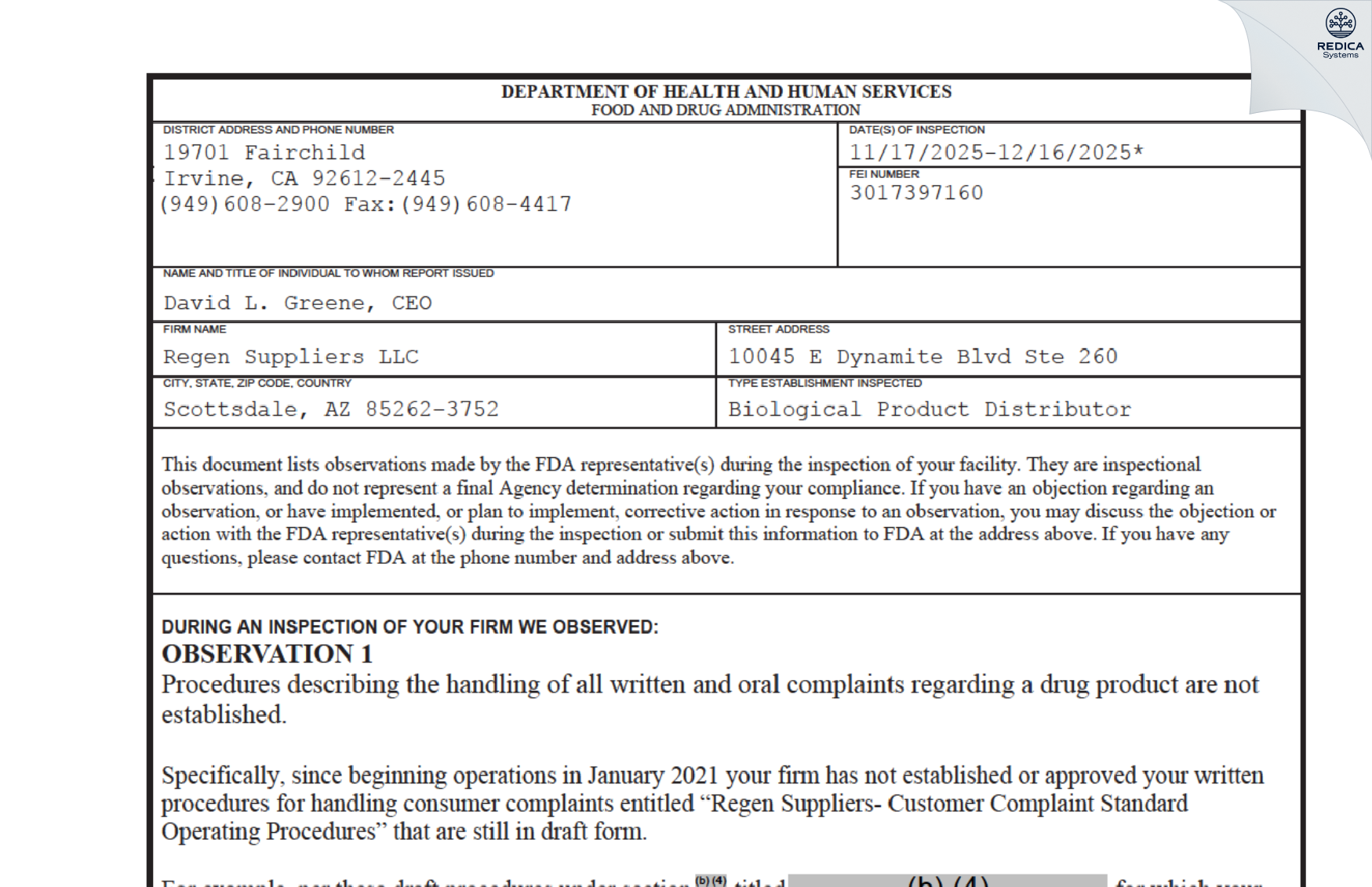 FDA 483 - Regen Suppliers LLC [Cave Creek / United States of America] - Download PDF - Redica Systems