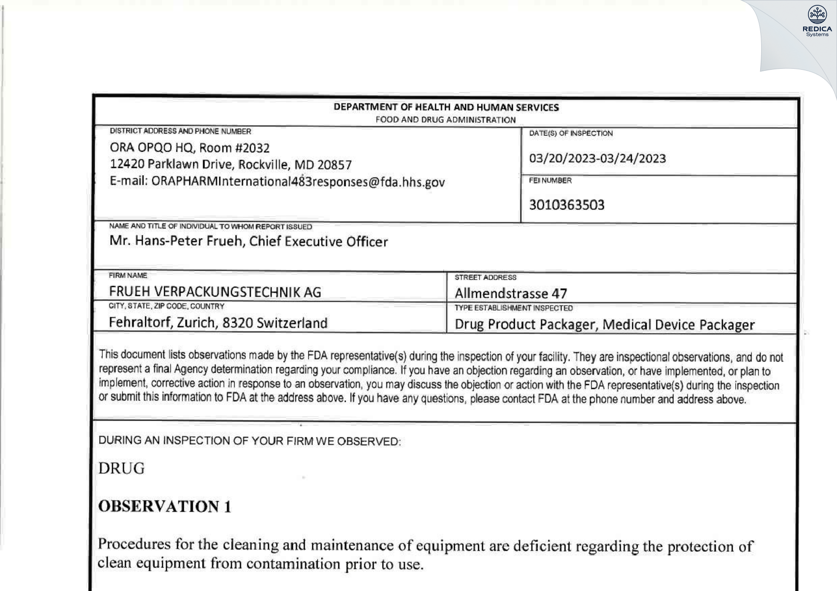 FDA 483 - Frueh Verpackungstechnik AG [Fehraltorf / Switzerland] - Download PDF - Redica Systems