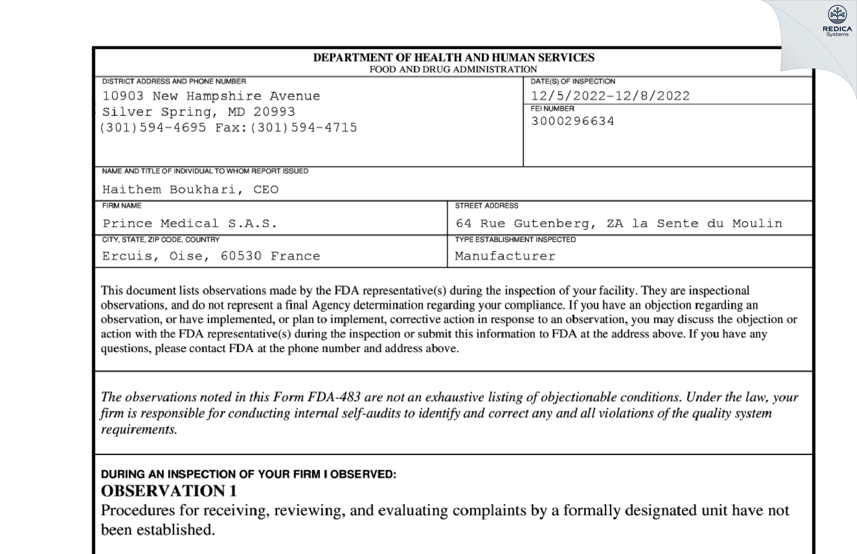 FDA 483 - Prince Medical S.A.S. [Ercuis / France] - Download PDF - Redica Systems