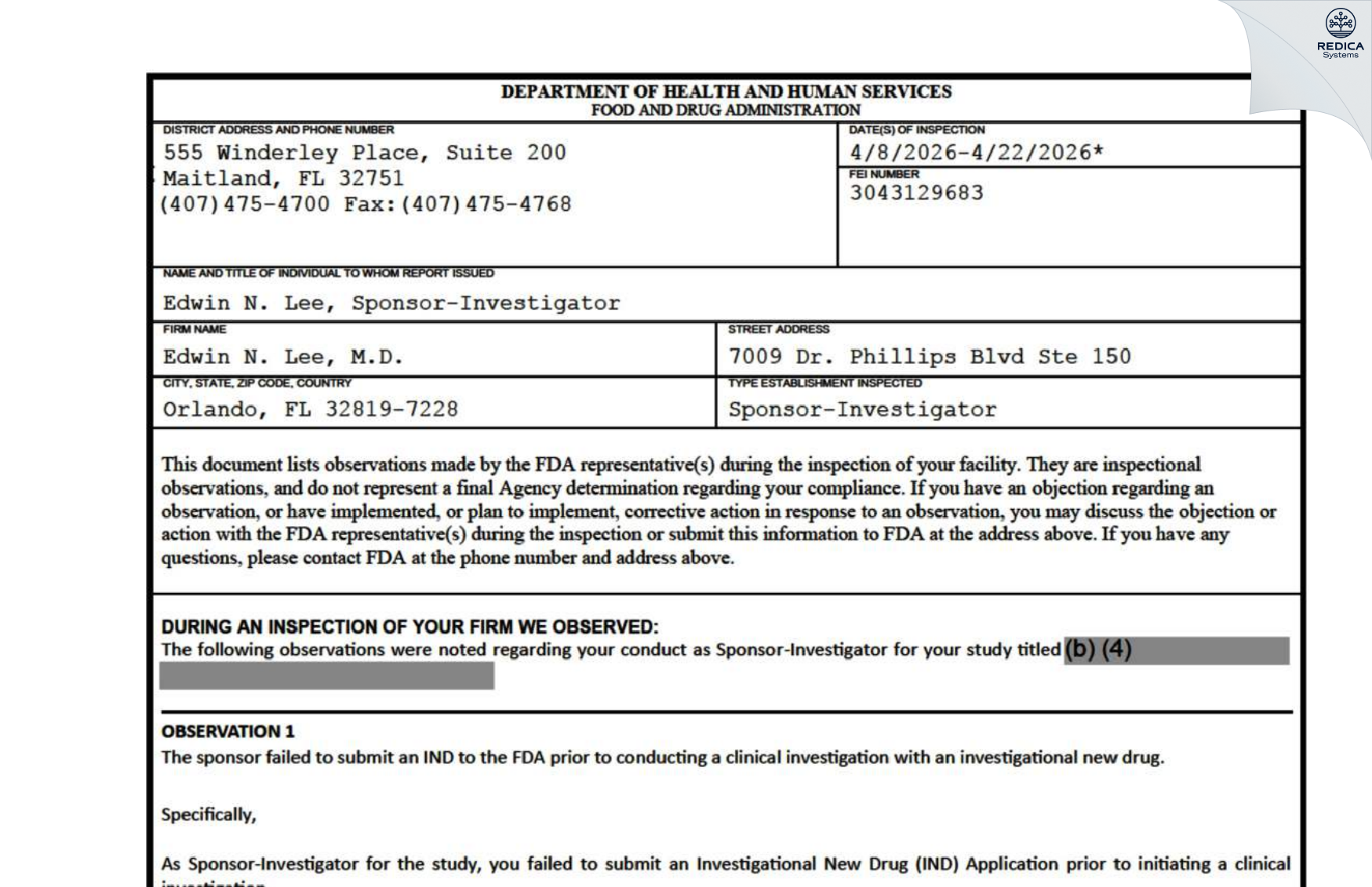 FDA 483 - Edwin N. Lee, M.D. [Orlando / United States of America] - Download PDF - Redica Systems