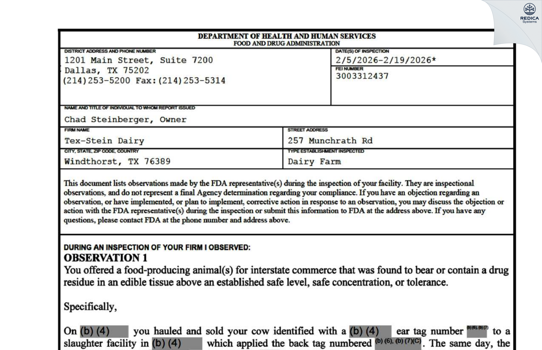 FDA 483 - Texstein Dairy [Windthorst / United States of America] - Download PDF - Redica Systems