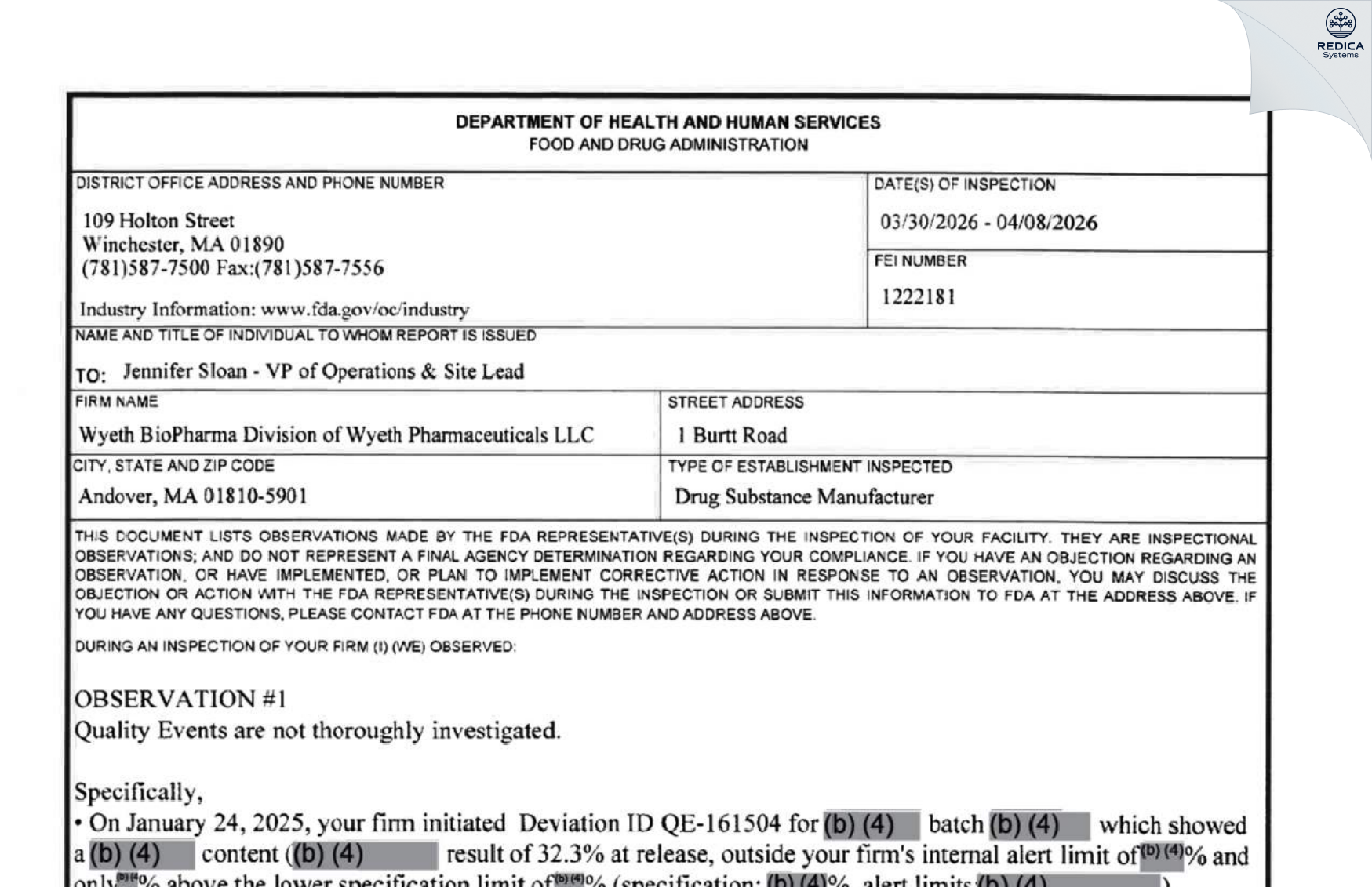 FDA 483 - Wyeth BioPharma Division of Wyeth Pharmaceuticals LLC [Andover / United States of America] - Download PDF - Redica Systems