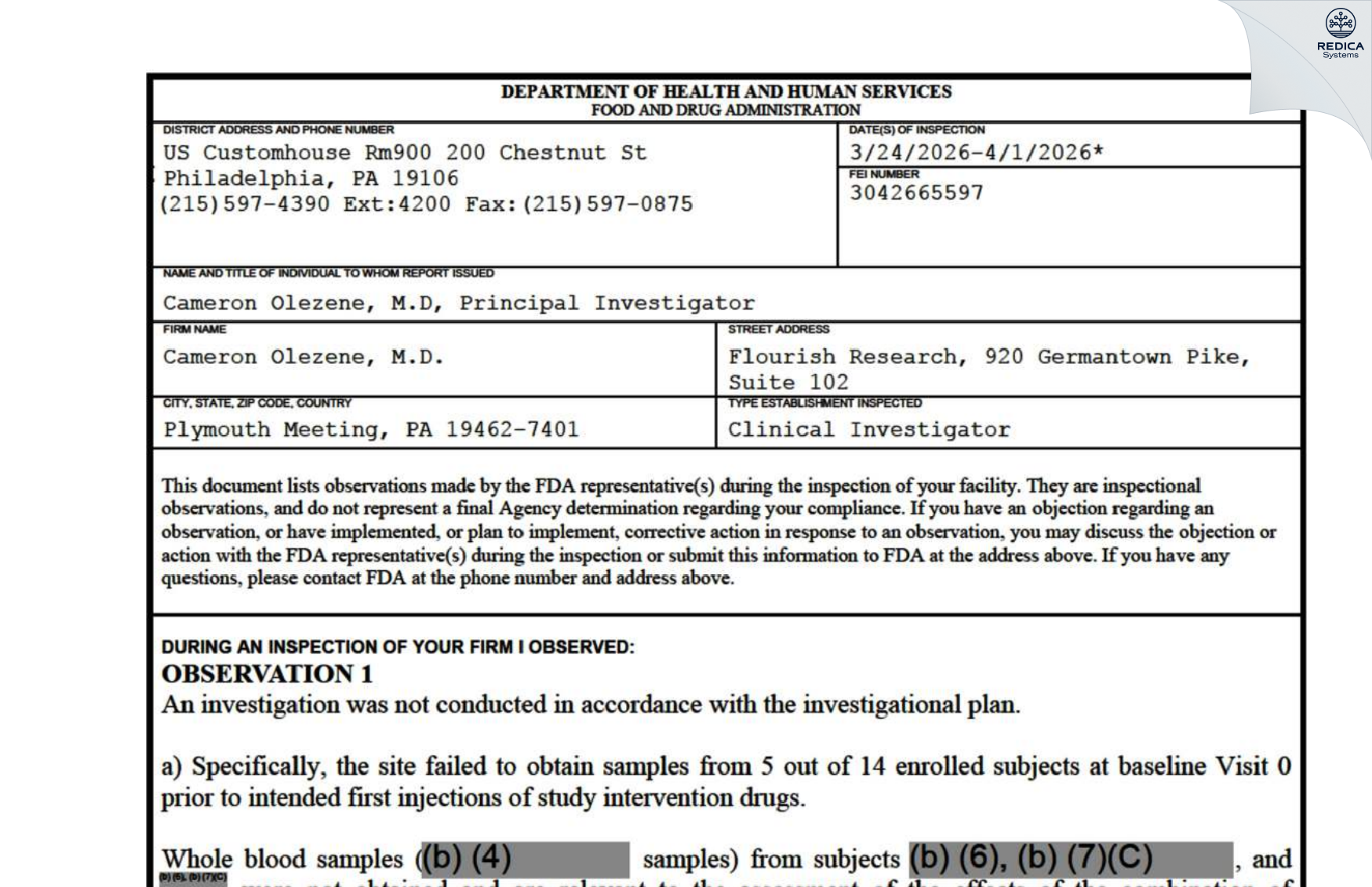 FDA 483 - Cameron Olezene, M.D. [Plymouth Meeting / United States of America] - Download PDF - Redica Systems