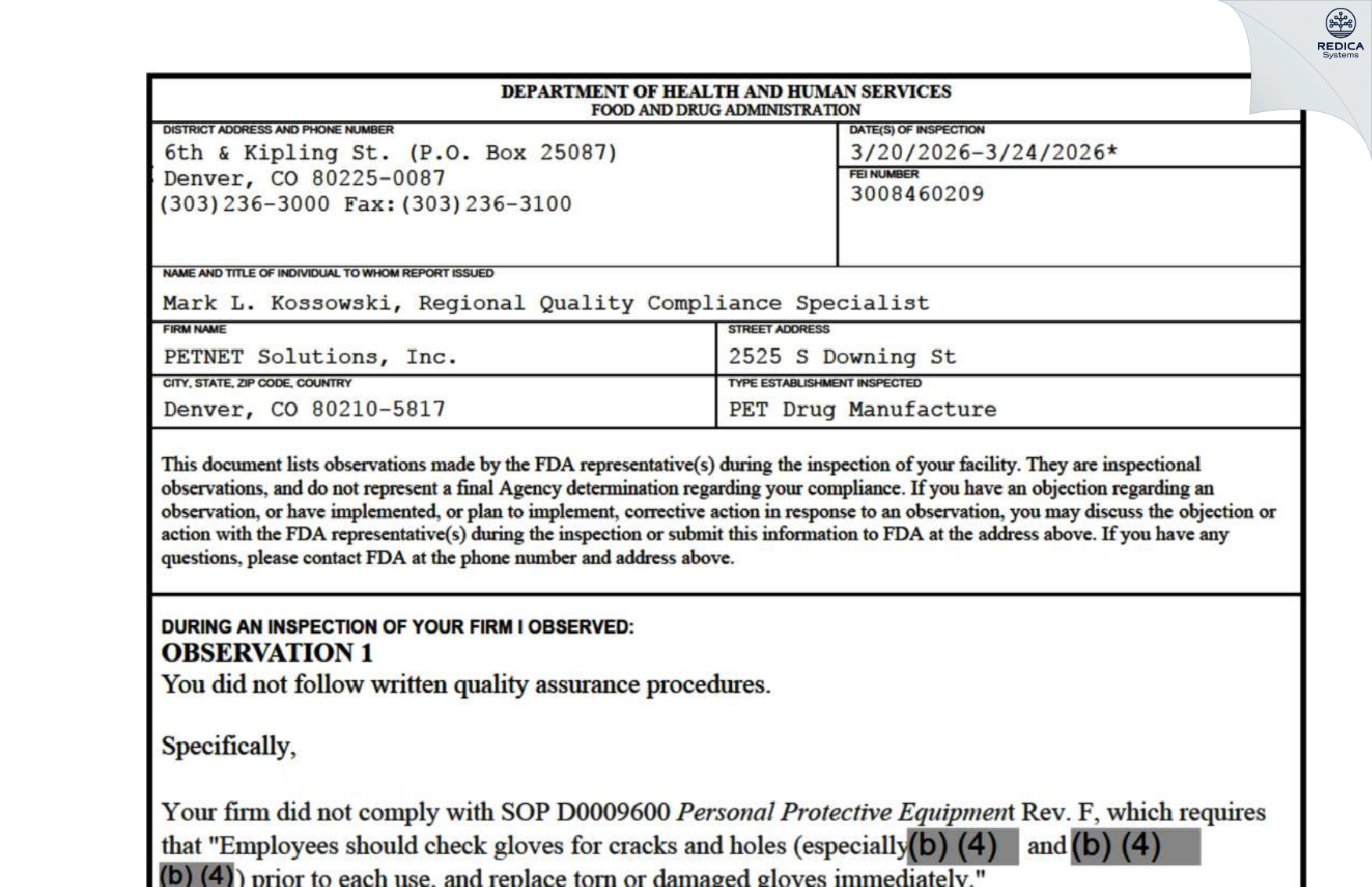 FDA 483 - PETNET SOLUTIONS, INC. [Denver / United States of America] - Download PDF - Redica Systems