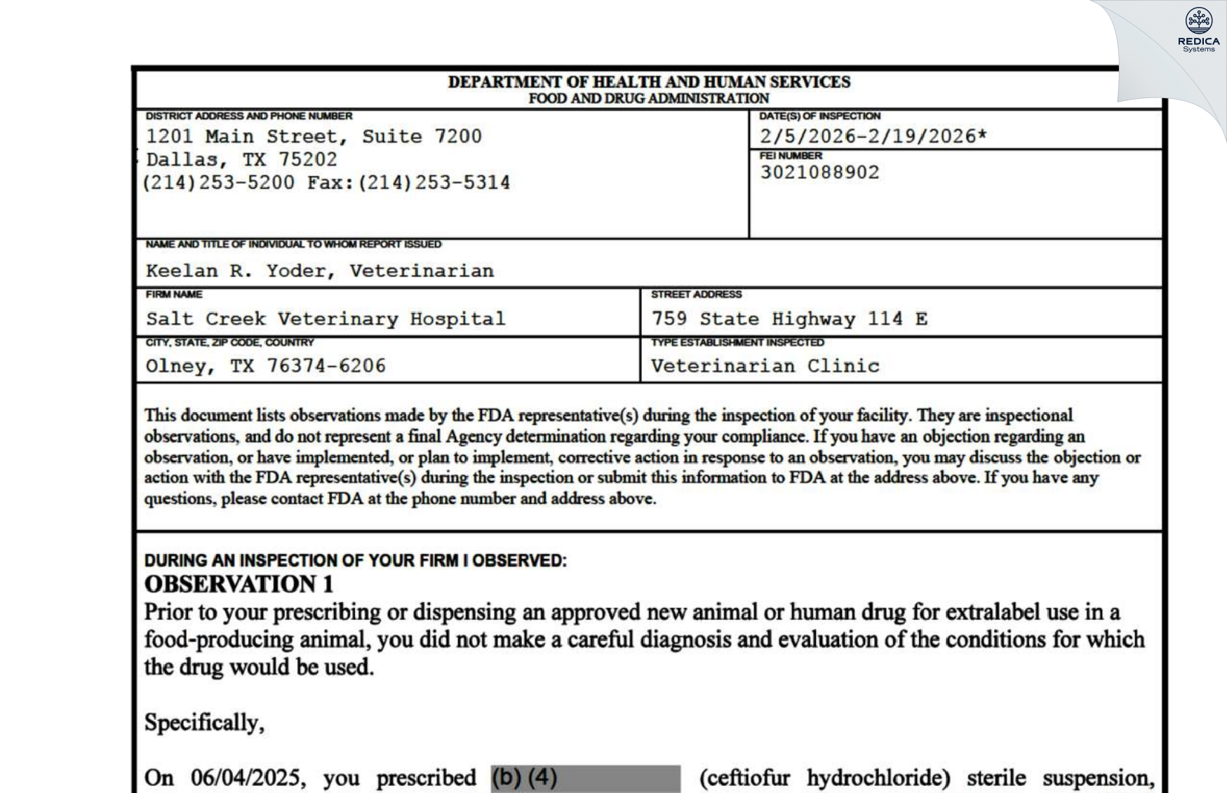FDA 483 - Salt Creek Veterinary Hospital [Olney / United States of America] - Download PDF - Redica Systems