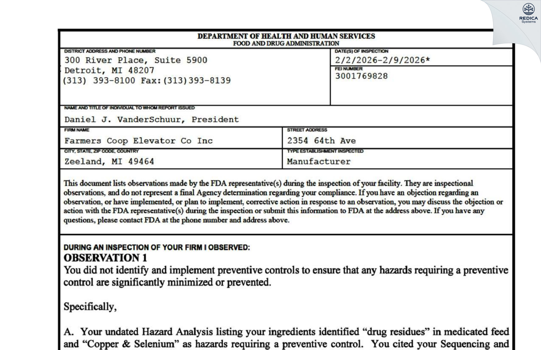 FDA 483 - Farmers Coop Elevator Co Inc [Zeeland / United States of America] - Download PDF - Redica Systems