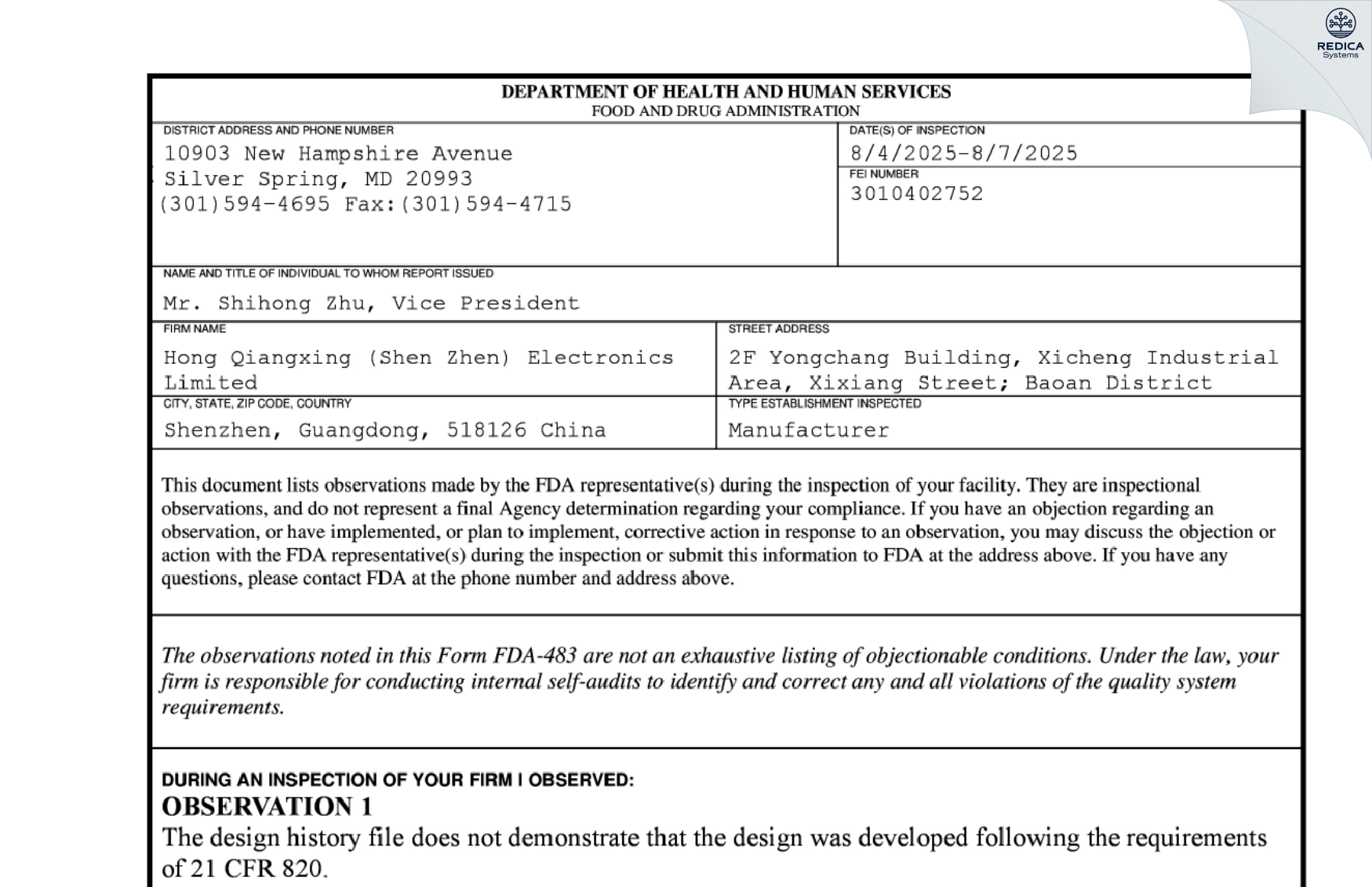 FDA 483 - Hong Qiangxing (Shen Zhen) Electronics Limited [Xixiang / China] - Download PDF - Redica Systems
