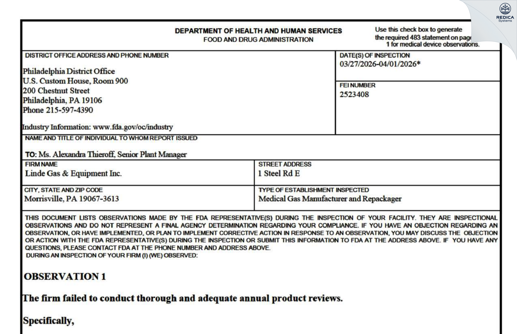FDA 483 - Linde Gas & Equipment Inc. [Franklin Twp / United States of America] - Download PDF - Redica Systems