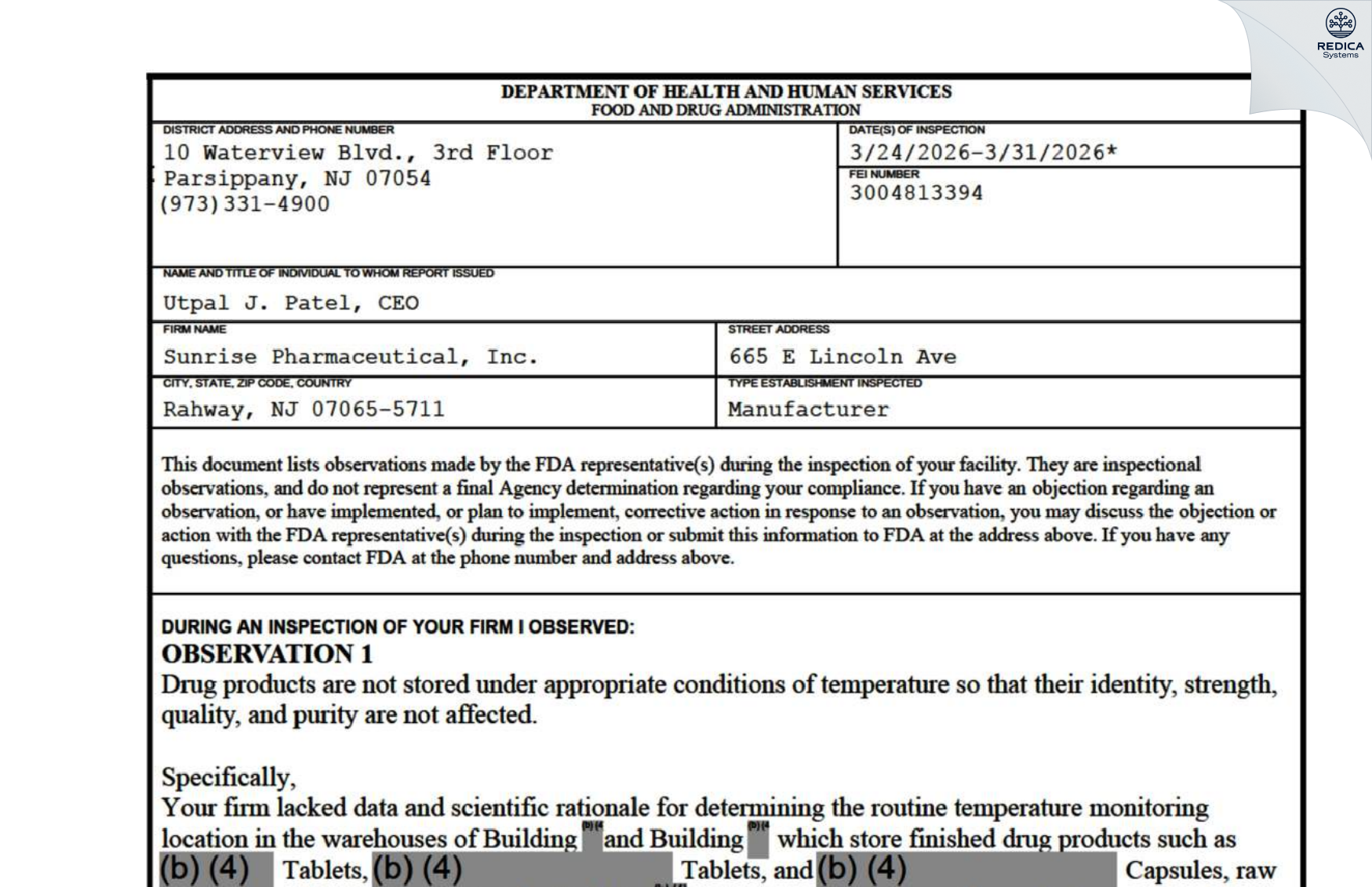 FDA 483 - Sunrise Pharmaceutical Inc [Rahway / United States of America] - Download PDF - Redica Systems