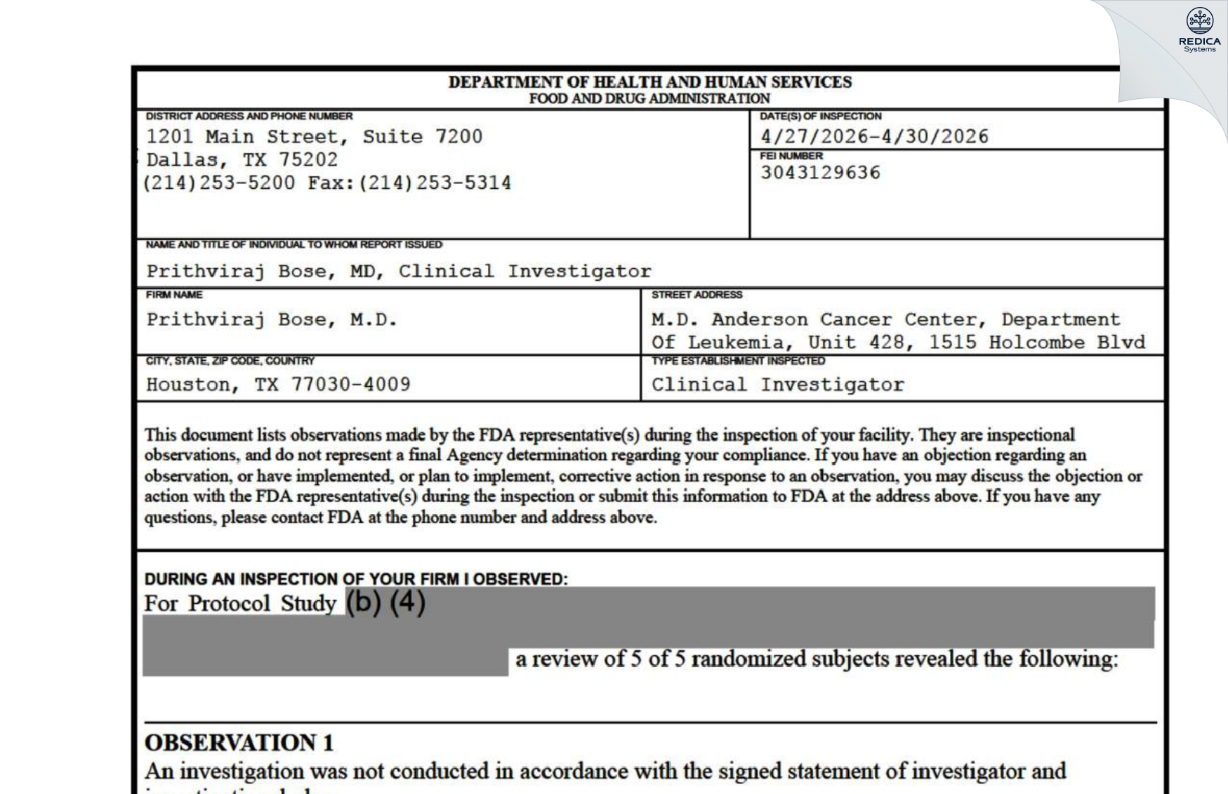 FDA 483 - Prithviraj Bose, M.D. [Houston / United States of America] - Download PDF - Redica Systems