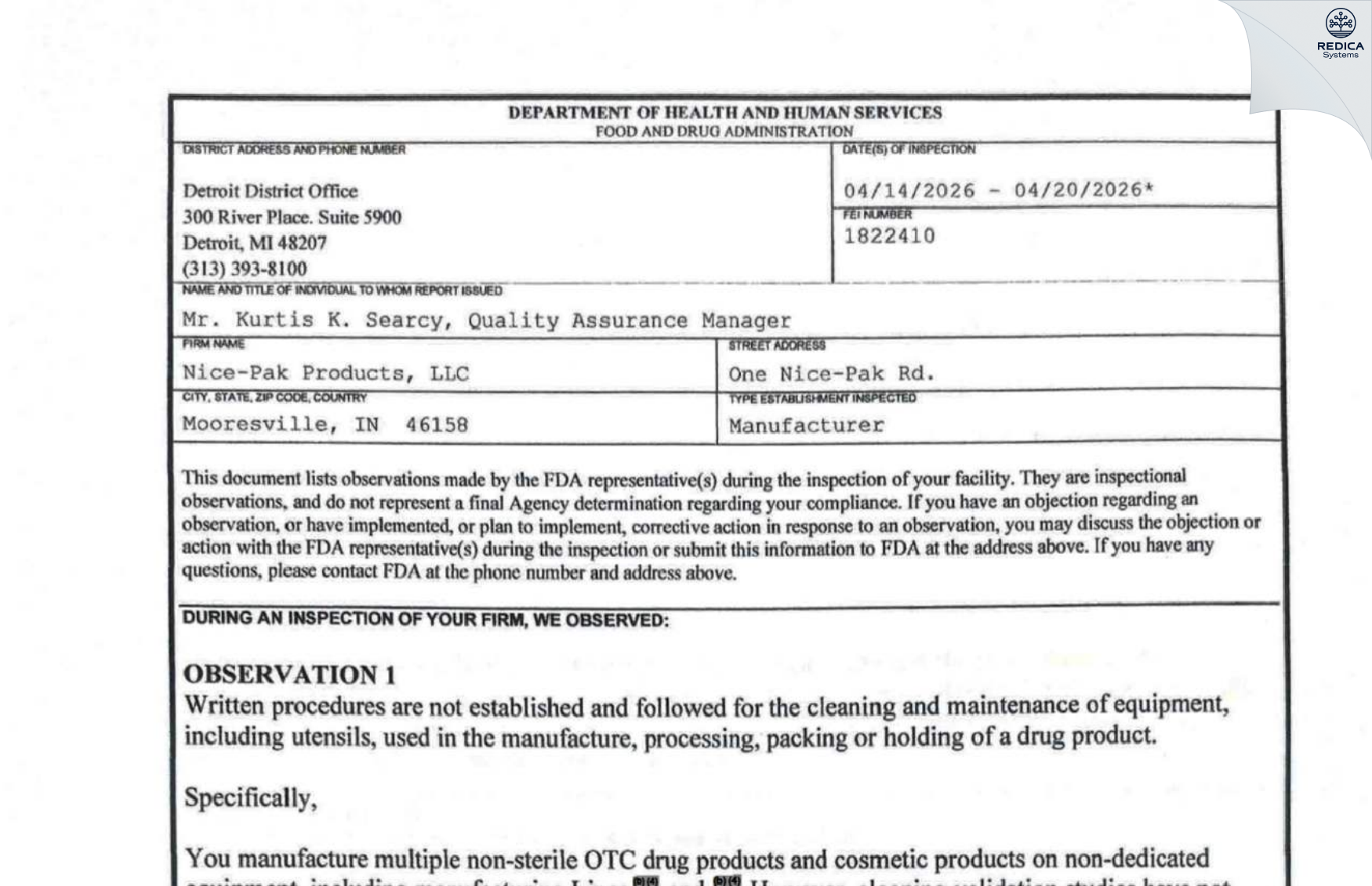FDA 483 - Nice-Pak Products, Inc. [Mooresville / United States of America] - Download PDF - Redica Systems