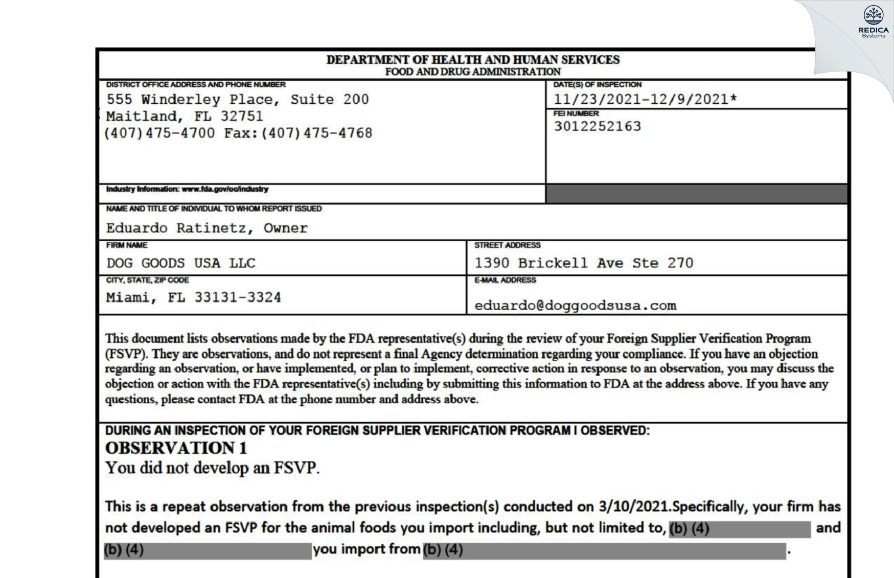 FDA 483 - DOG GOODS USA LLC [Miami / United States of America] - Download PDF - Redica Systems