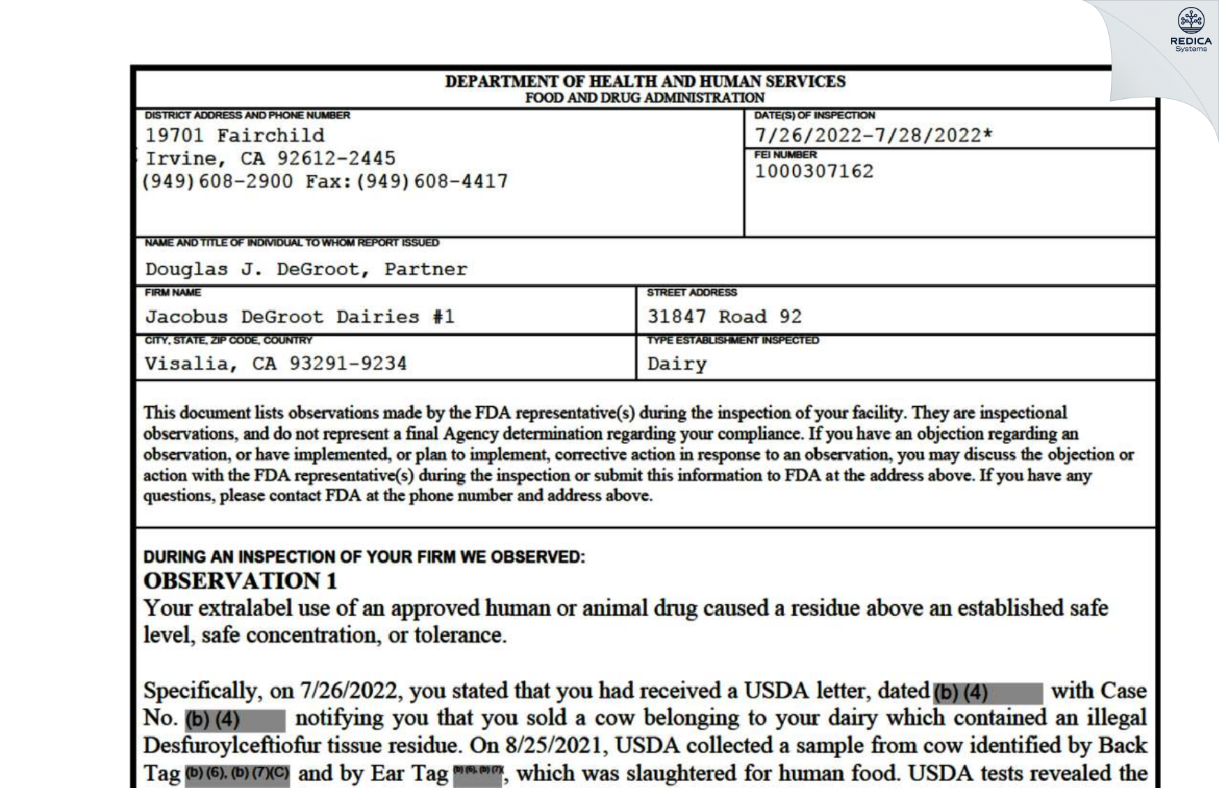 FDA 483 - Jacobus DeGroot Dairies #1 [Visalia / United States of America] - Download PDF - Redica Systems
