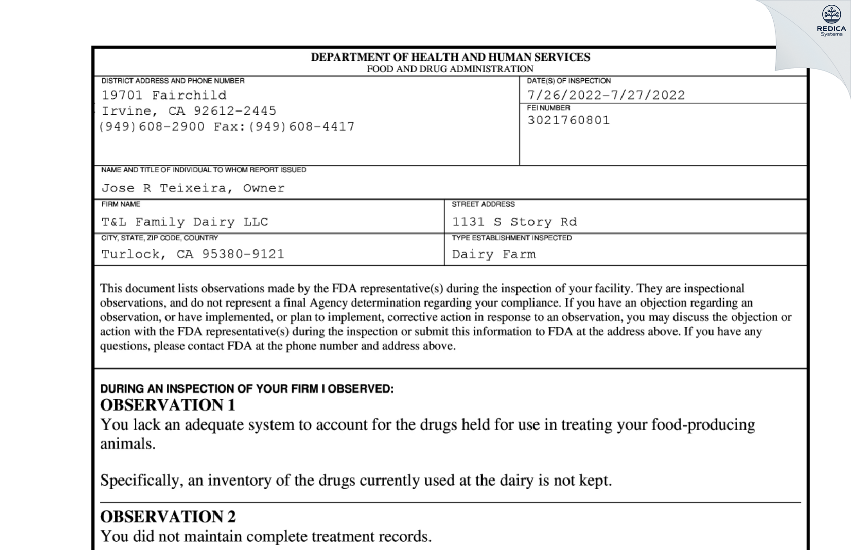 FDA 483 - T&L Family Dairy LLC [Turlock / United States of America] - Download PDF - Redica Systems