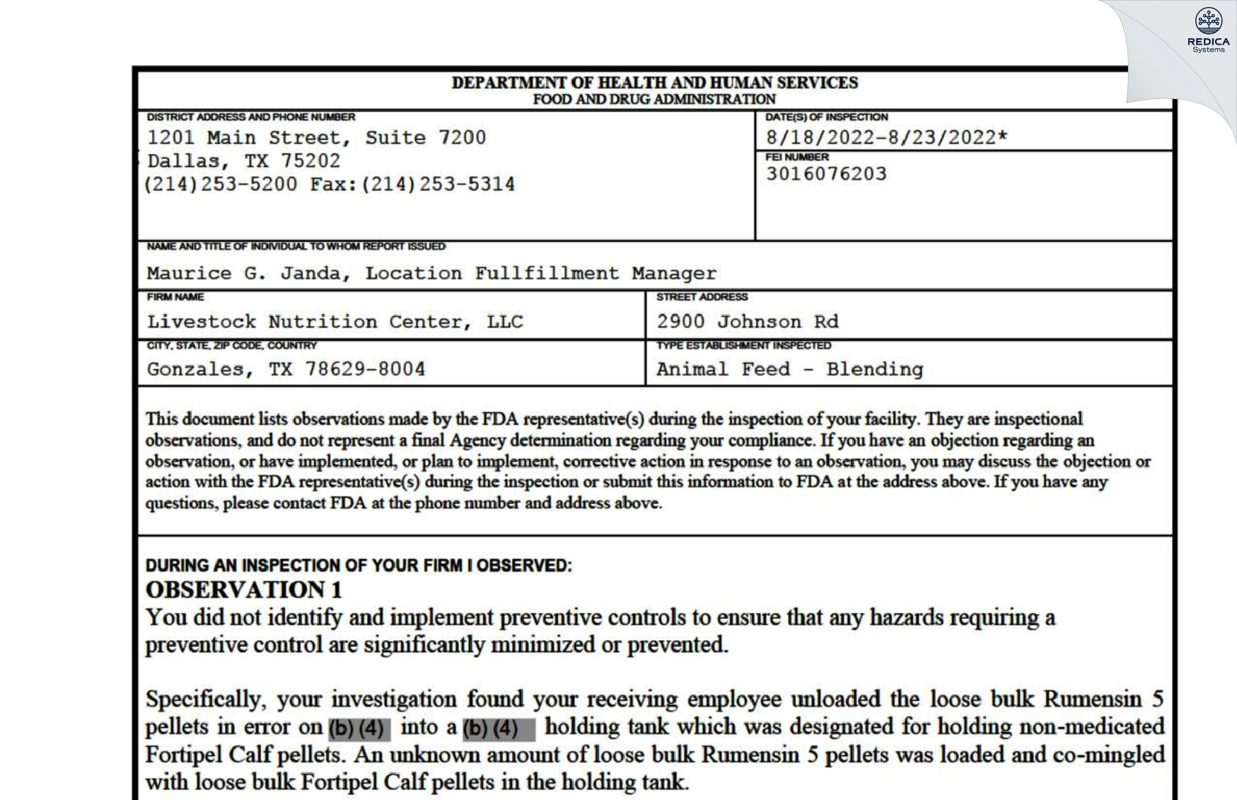 FDA 483 - Livestock Nutrition Center, LLC [Gonzales / United States of America] - Download PDF - Redica Systems