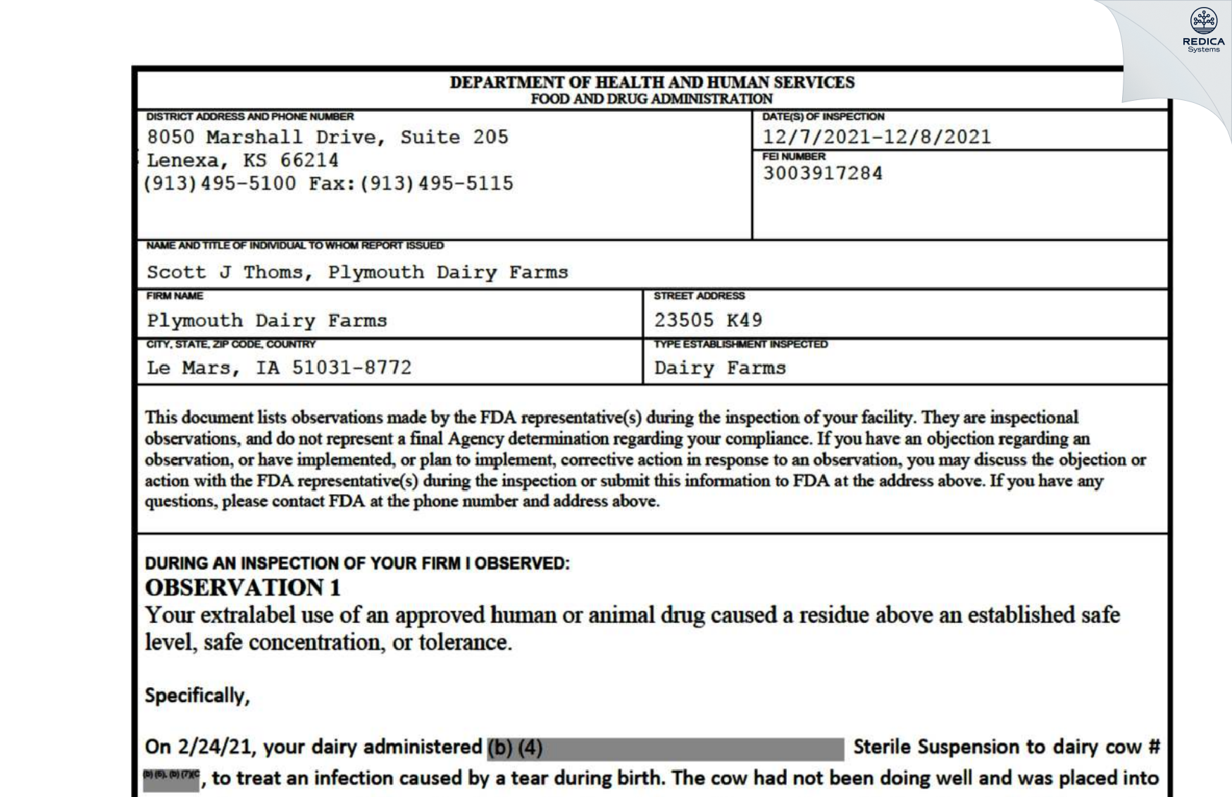 FDA 483 - Plymouth Dairy Farms [Le Mars / United States of America] - Download PDF - Redica Systems