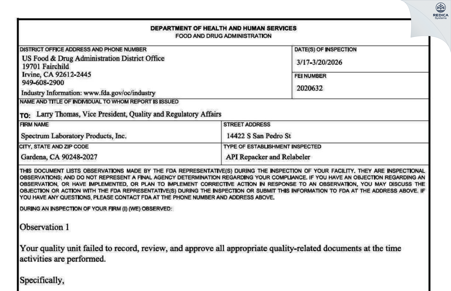 FDA 483 - SPECTRUM LABORATORY PRODUCTS INC. dba SPECTRUM CHEMICAL MFG. CORP. [Gardena / United States of America] - Download PDF - Redica Systems