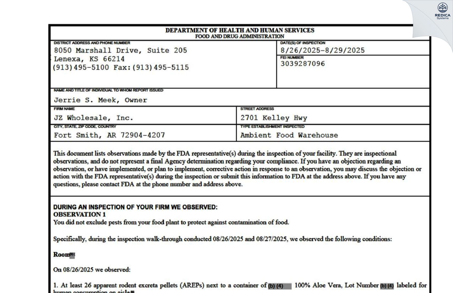 FDA 483 - JZ Wholesale, Inc. [Fort Smith / United States of America] - Download PDF - Redica Systems