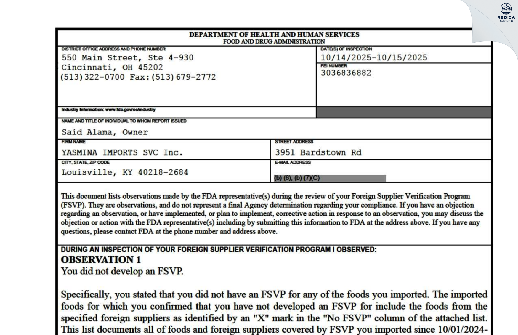 FDA 483 - YASMINA IMPORTS SVC Inc. [Louisville / United States of America] - Download PDF - Redica Systems