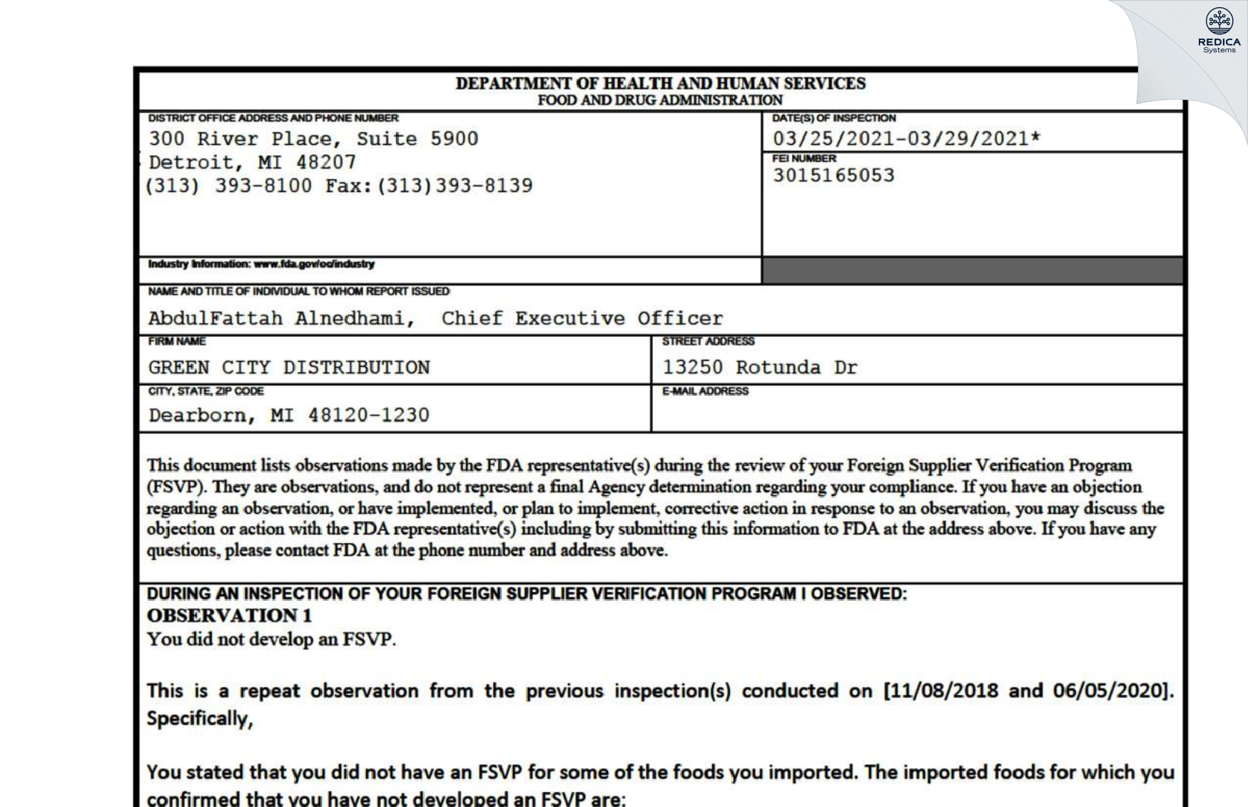 FDA 483 - Green City Distribution [Dearborn / United States of America] - Download PDF - Redica Systems