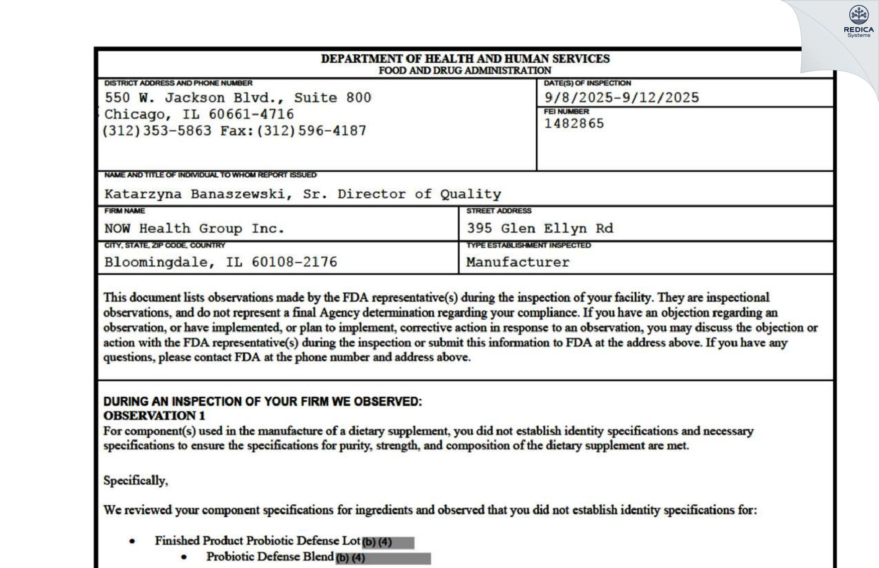 FDA 483 - NOW Health Group Inc. [Bloomingdale / United States of America] - Download PDF - Redica Systems